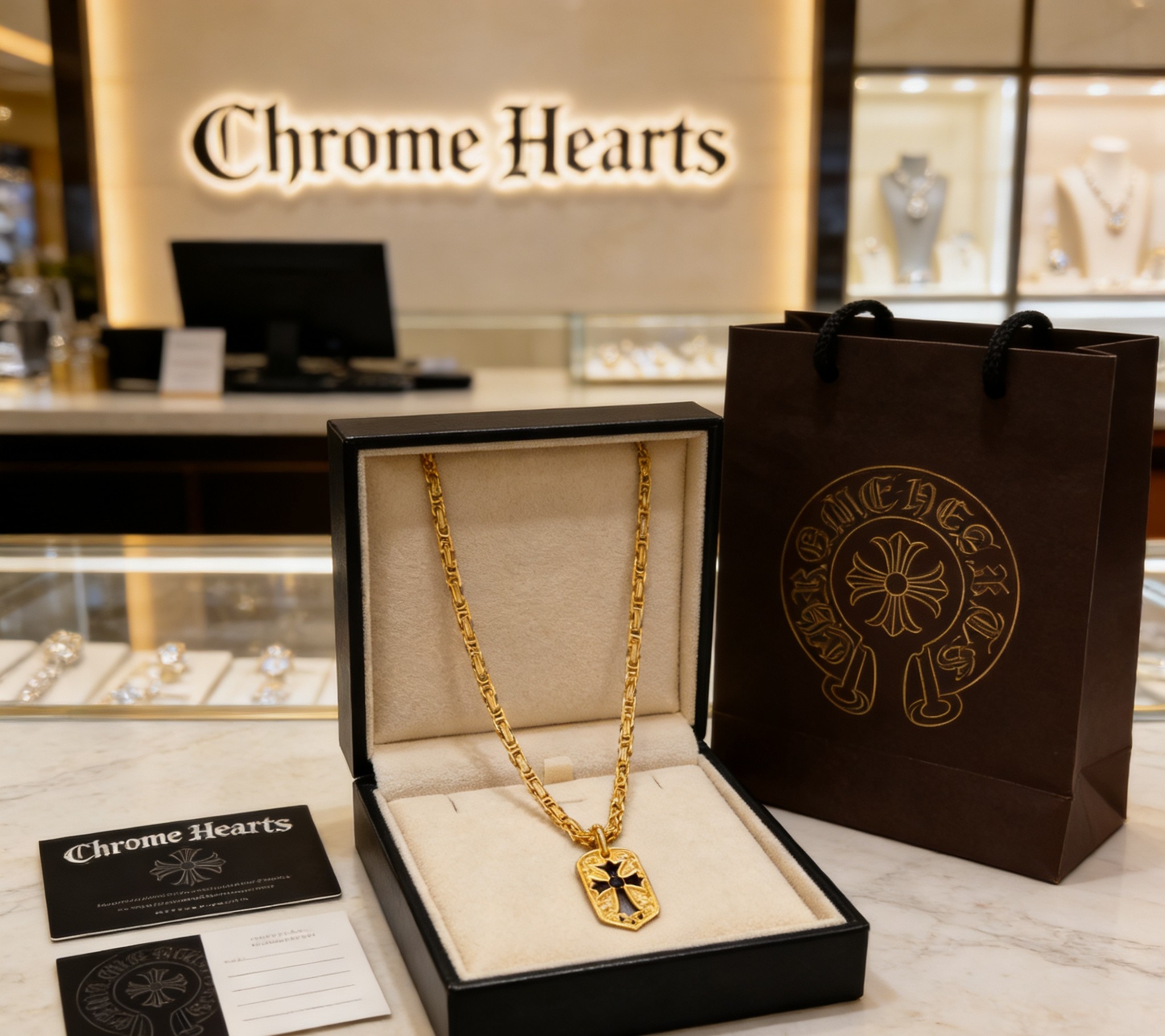 Chrome Hearts 2026 推荐𝐂𝐡𝐫𝐨𝐦𝐞 𝐡𝐞𝐚𝐫𝐭𝐬 克罗心项链 ，黑钻镂空十字军牌回形链