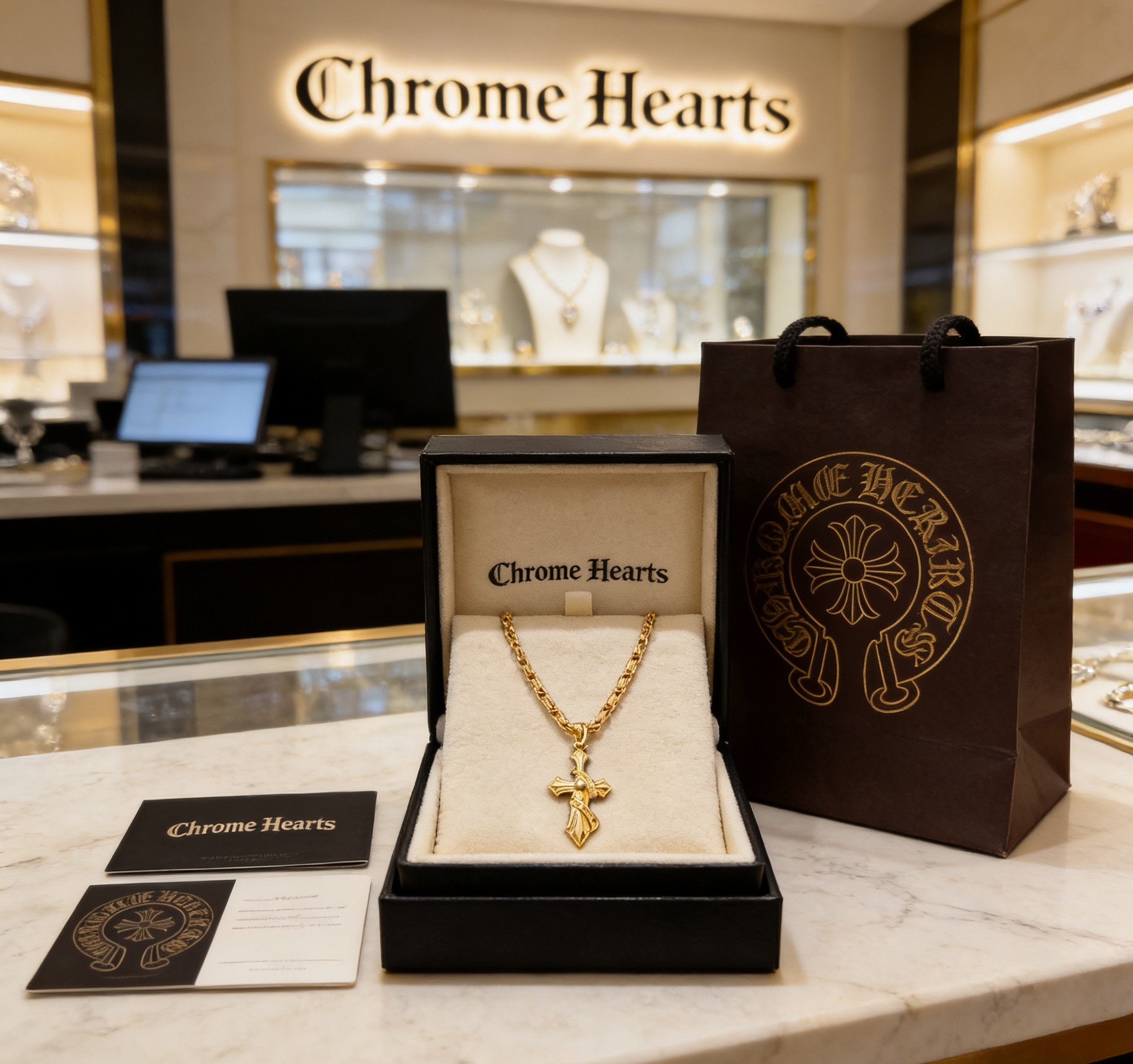 Chrome Hearts 2026 推荐𝐂𝐡𝐫𝐨𝐦𝐞 𝐡𝐞𝐚𝐫𝐭𝐬 克罗心项链 ，双层缠绕圣剑十字架回形链