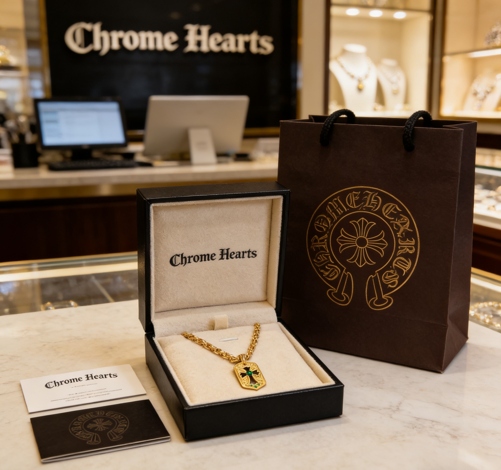Chrome Hearts 2026 推荐𝐂𝐡𝐫𝐨𝐦𝐞 𝐡𝐞𝐚𝐫𝐭𝐬 克罗心项链 ，绿钻镂空十字军牌回形链