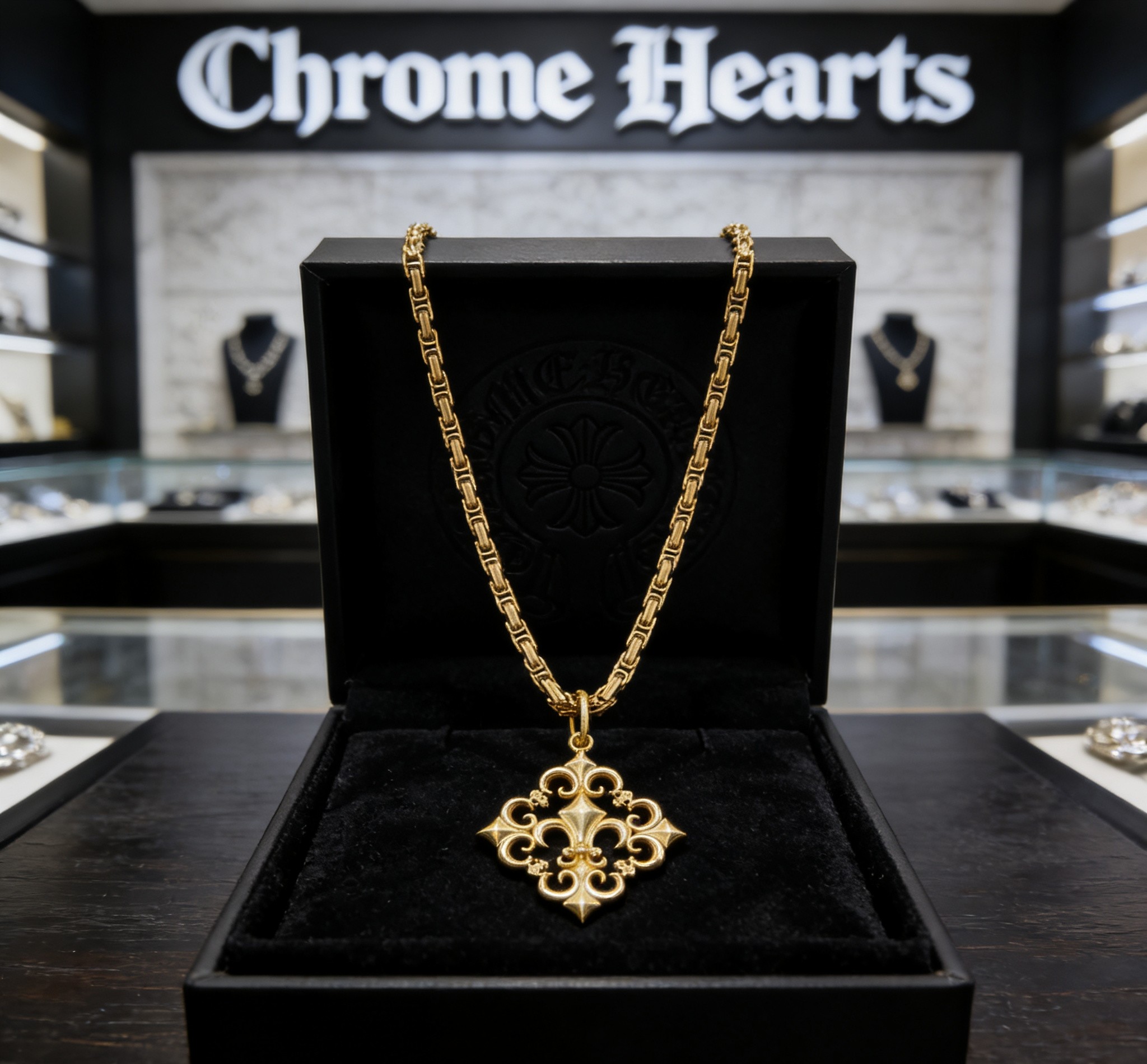 Chrome Hearts 2026 推荐𝐂𝐡𝐫𝐨𝐦𝐞 𝐡𝐞𝐚𝐫𝐭𝐬 克罗心项链 ，雕花鸢尾花方牌回形链