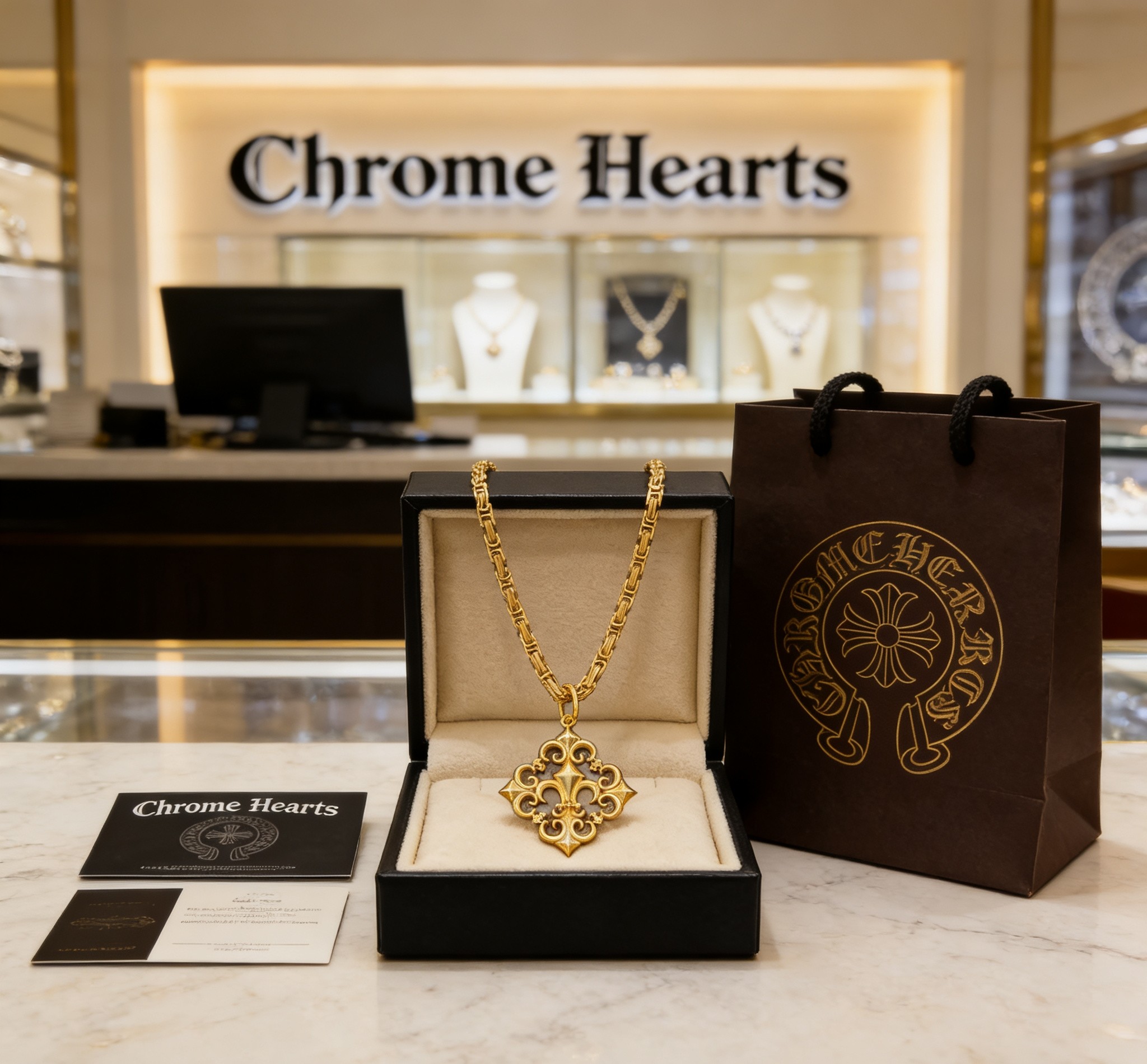 Chrome Hearts 2026 推荐𝐂𝐡𝐫𝐨𝐦𝐞 𝐡𝐞𝐚𝐫𝐭𝐬 克罗心项链 ，雕花鸢尾花方牌回形链