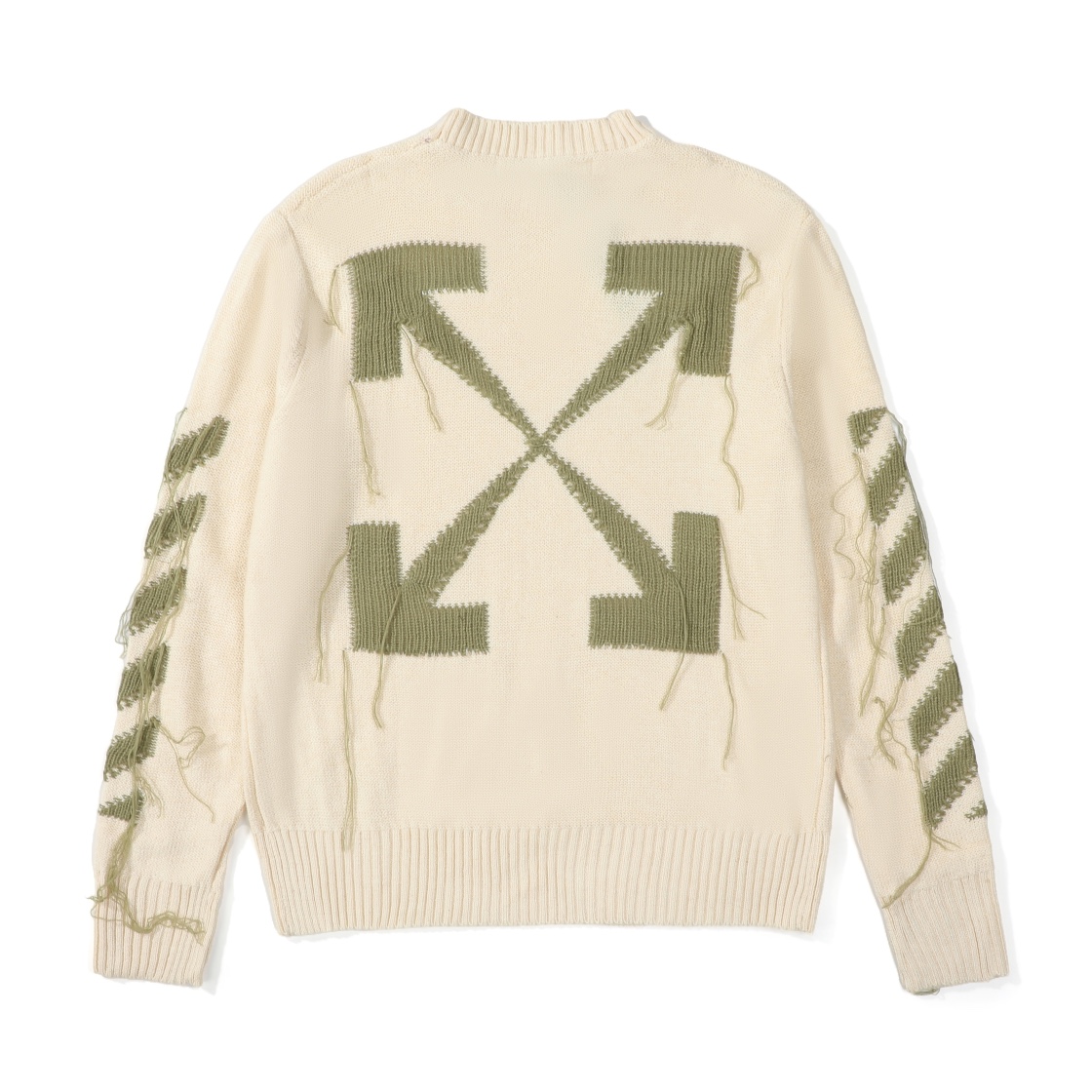 Verified Version 23FW OFF WHITE Tassel Cut Crew Neck Knitted Sweater off white