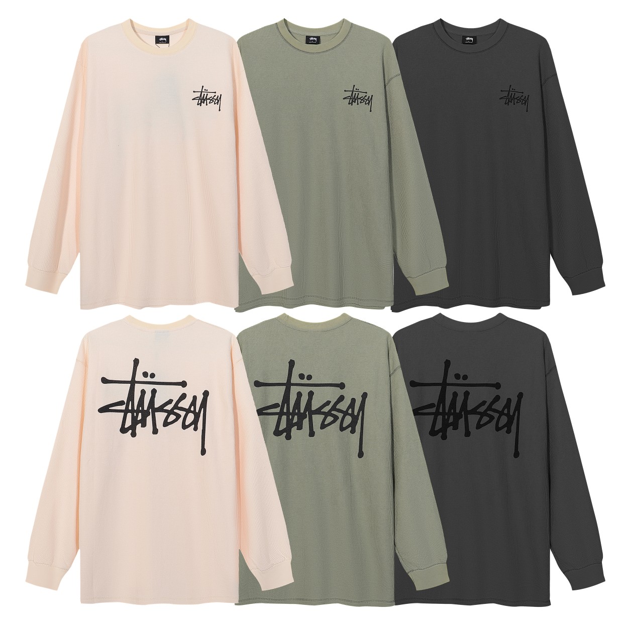 ST17# Stussy Camiseta de manga larga con letras y patrón waffle raglán. Colores: verde, albaricoque, gris. Tallas: S M …