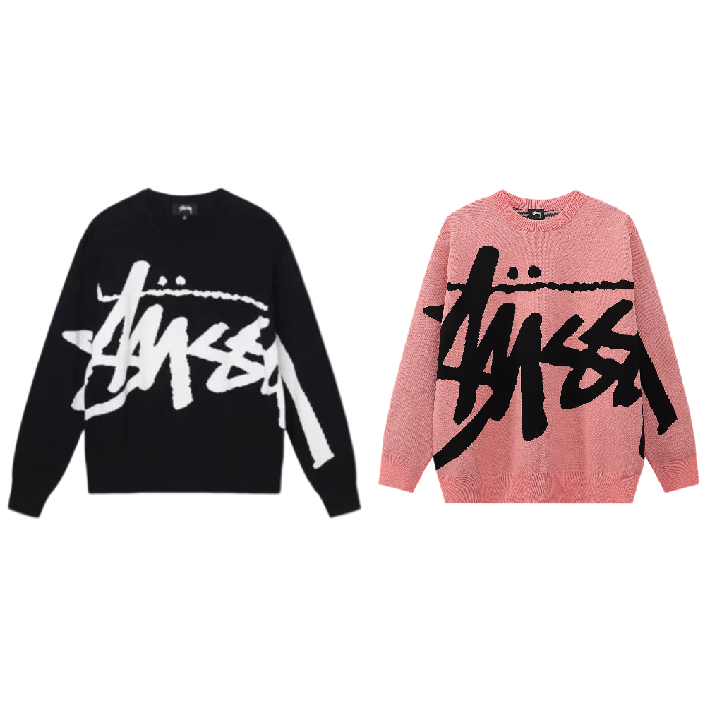 D60# Stussy Suéter de cuello redondo de punto jacquard con patrón de letras grandes en todo el cuerpo, tempor…