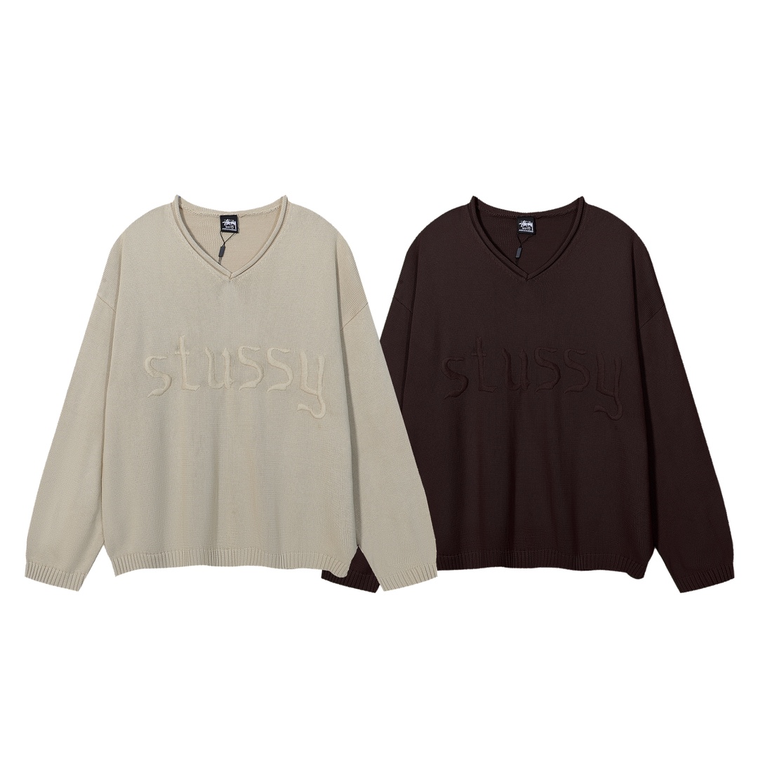 ST19# Stussy Suéter clásico de cuello en V con letras de punto. Colores: albaricoque, café. Tallas: S M L XL.