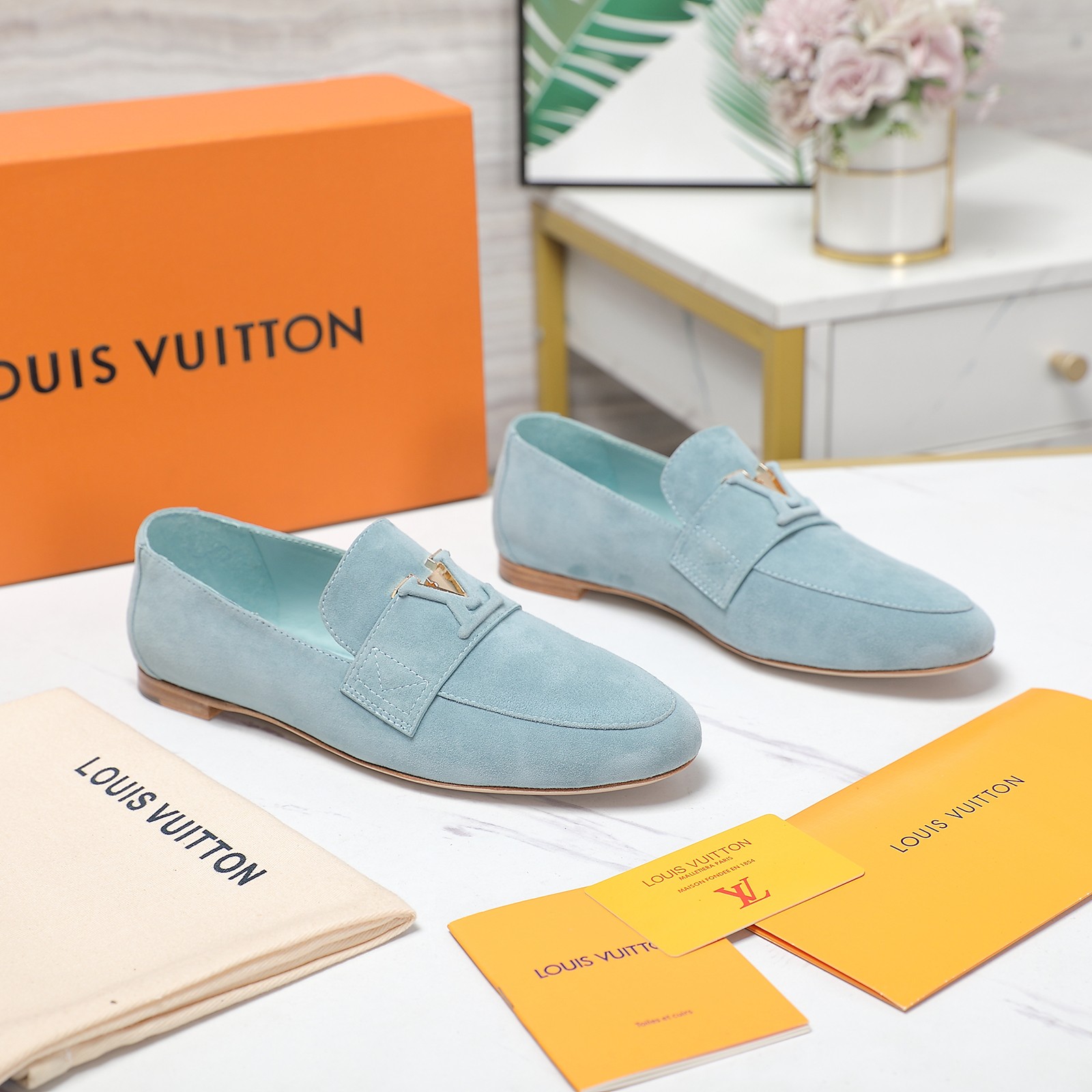 Louis Vuitton Women's Suede Loafers with Gold-Tone Hardware 4 a1698689409096 3303