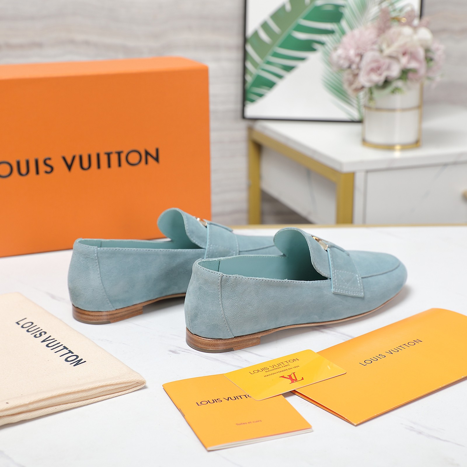 Louis Vuitton Women's Suede Loafers with Gold-Tone Hardware 9 a1698689410118 8674
