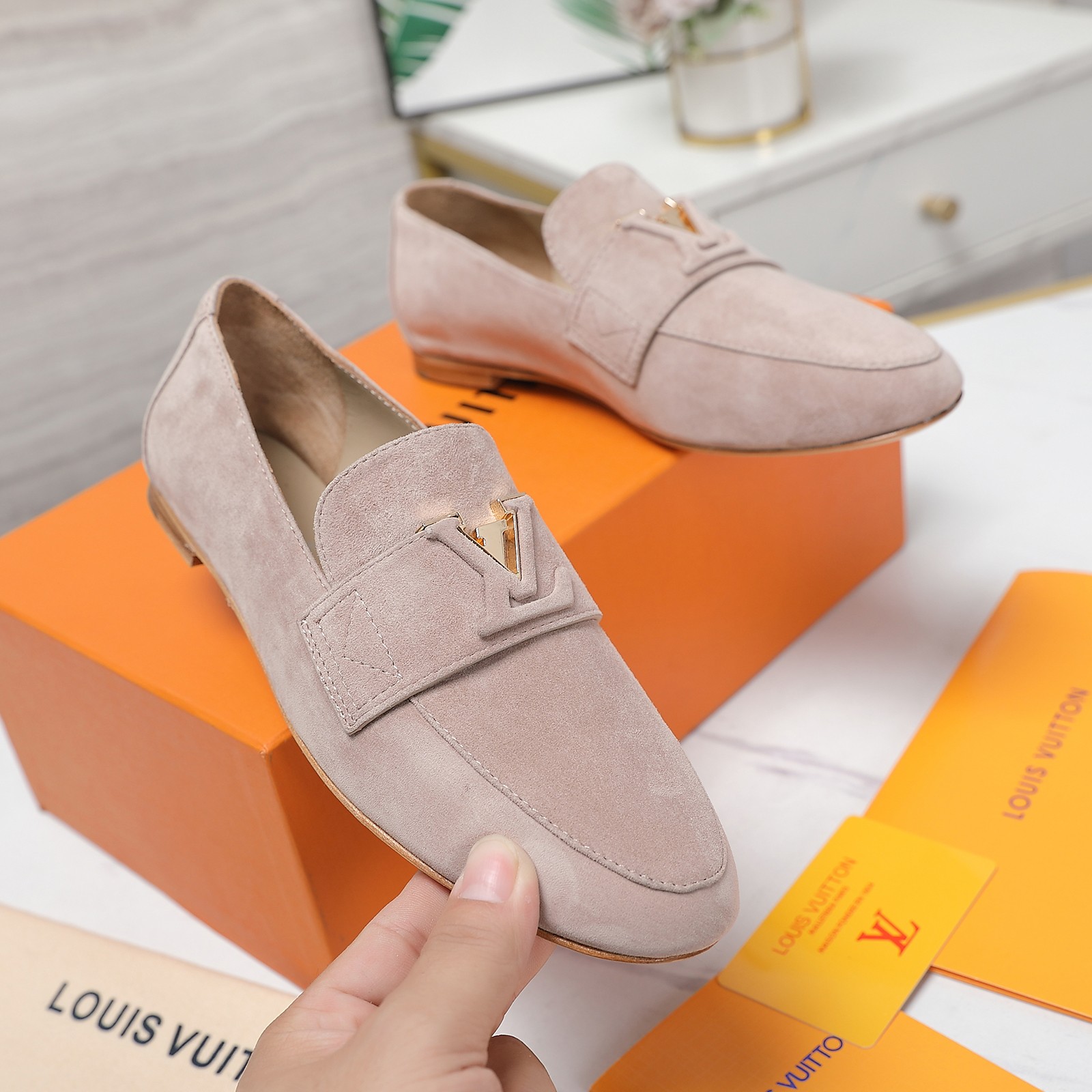 Louis Vuitton Women's Suede Loafers with LV Logo - Comfortable & Stylish 2 a1698689557513 4371