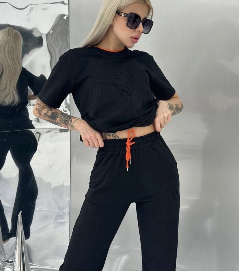 Hermes Roupa Calças Camiseta “Roupas de Duas P eças & Conjuntos Combinando” Preto Vermelho Laranja Branco Manga Curta