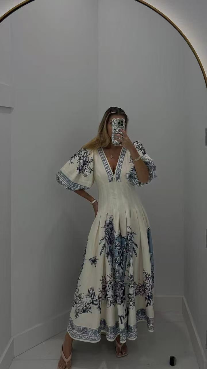 NO:779121,Model No. 20262513 Zimmermann's latest fashionable coconut print, three-quarter puff short-sleeved V-neck waistline linen dress, long skirt, apricot color, S-XL, [S size bust 88, waist 78, sleeve length 38, length 130; weight 0.965kg], Zimmermann-clothing, skirts, T-shirt,19860909款号20262513 Zimmermann*新款 时尚椰树印花 五分泡泡短袖V领收腰亚麻连衣裙 长裙,杏色,S-XL,【S码胸围88,腰围78,袖长38,长130；重量0.965kg】,兹默曼-服装,skirts,T-shirt,,Women's clothing