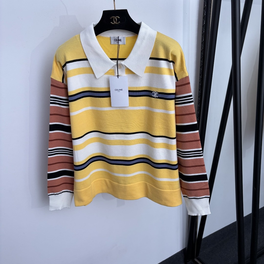 Celine Yellow Striped Polo Sweater