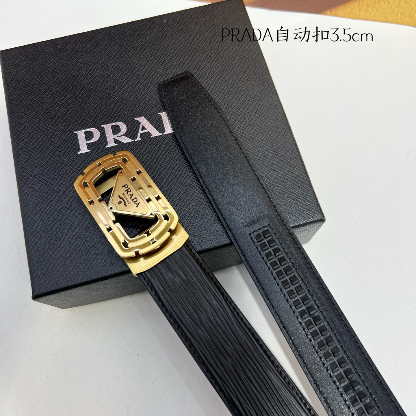 Prada Men’s Automatic Belt: Genuine Calf Skin, Steel Buckle, 3.5cm Width - 图片 3