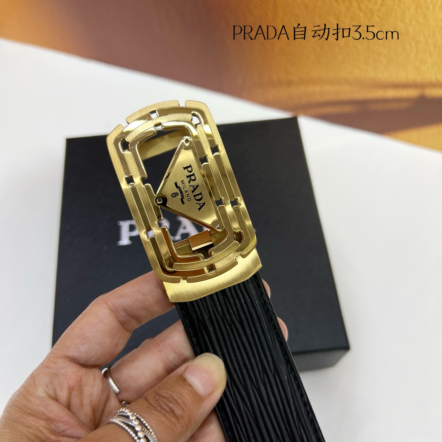 Prada Men’s Automatic Belt: Genuine Calf Skin, Steel Buckle, 3.5cm Width - 图片 1