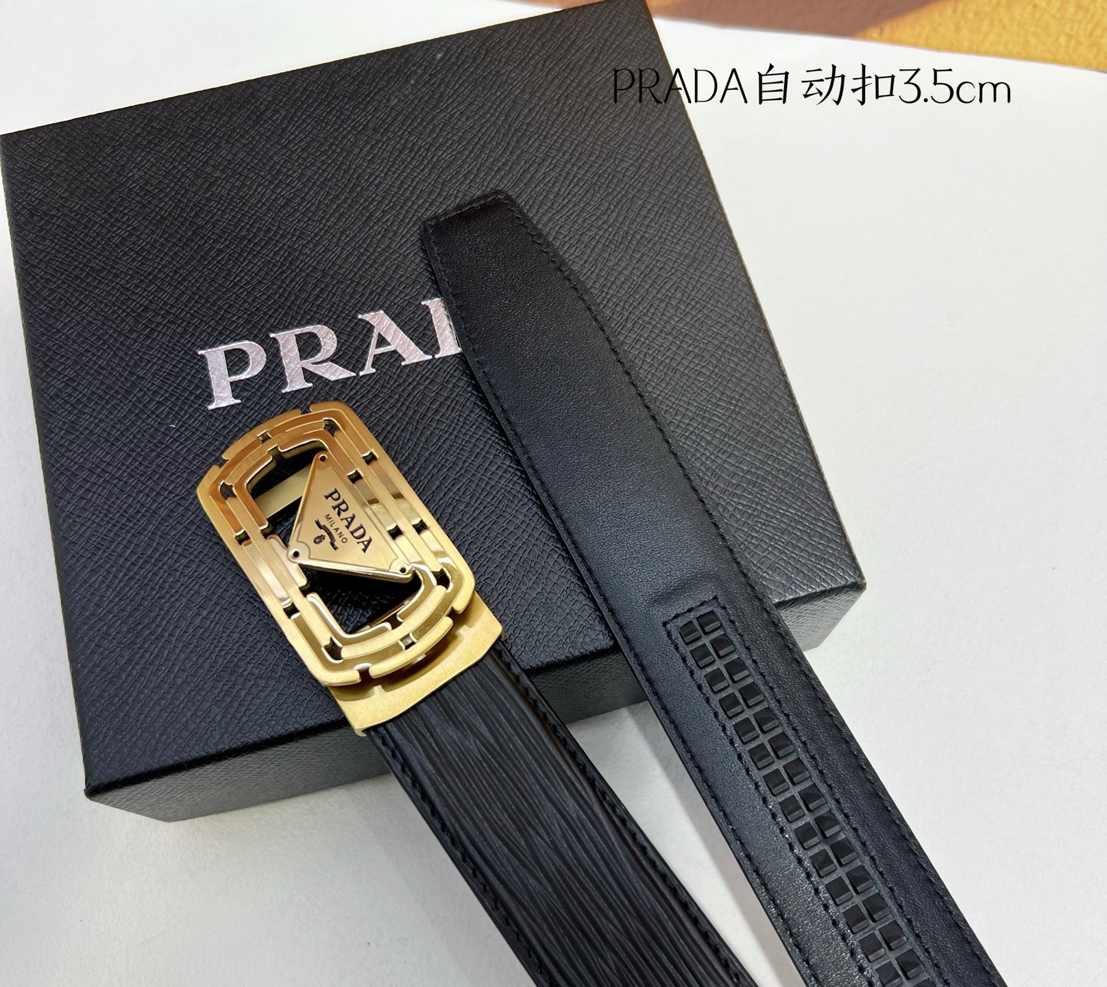 Prada Men’s Automatic Belt: Genuine Calf Skin, Steel Buckle, 3.5cm Width - 图片 2