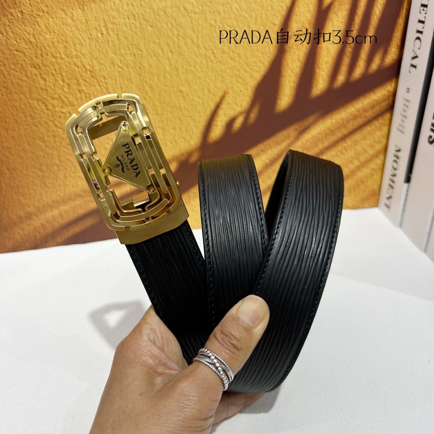 Prada Men’s Automatic Belt: Genuine Calf Skin, Steel Buckle, 3.5cm Width - 图片 5