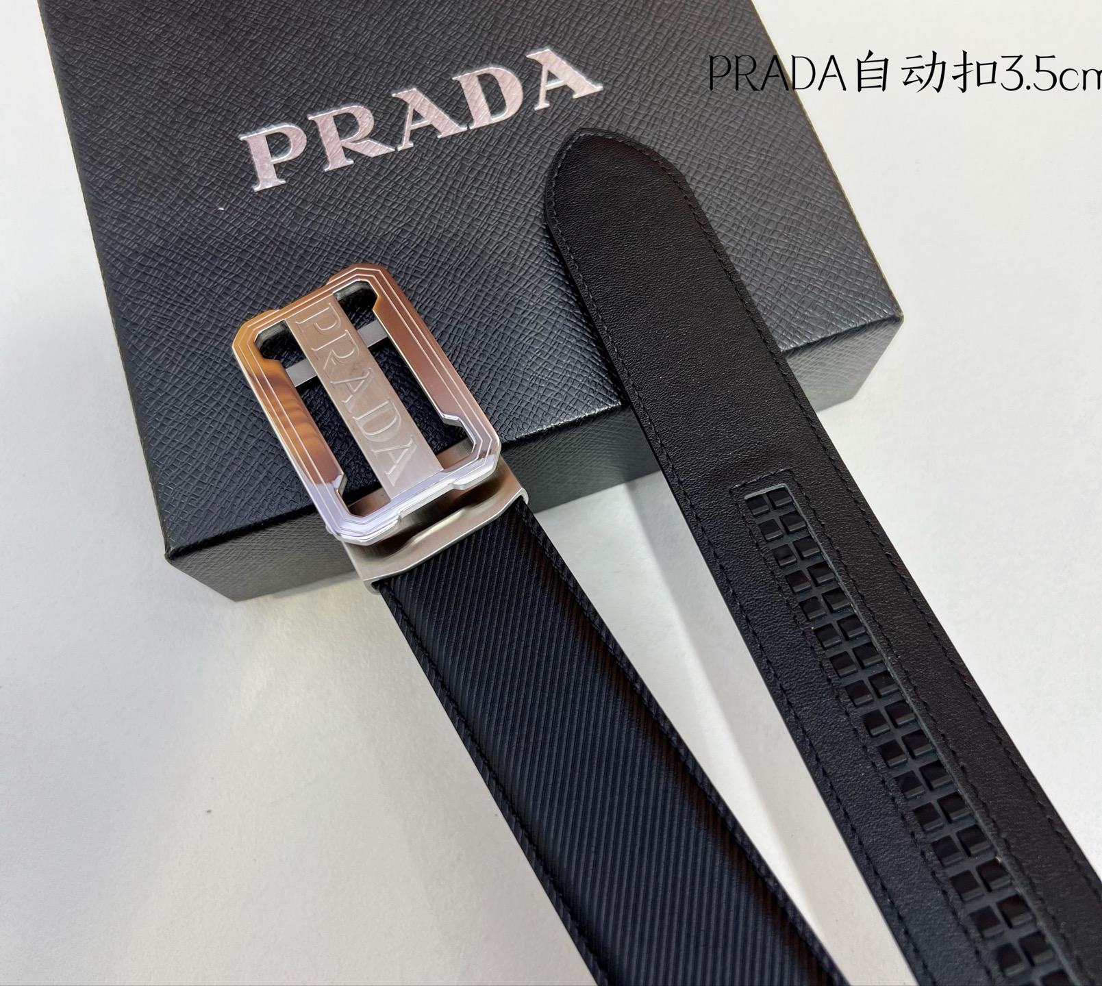 Prada Men’s Automatic Belt: High-quality Calfskin and Steel, 3.5 cm Width - 图片 1