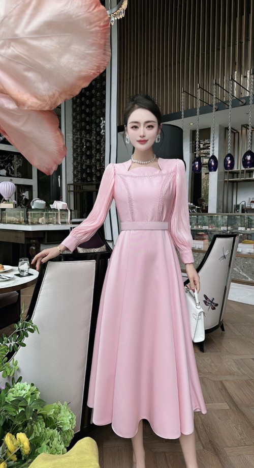 Elegant Beaded Pleated Silk Wool Dress, Square Neck, Long Sleeve, A-Line 1 Elegant Beaded Pleated Silk Wool Dress, Square Neck, Long Sleeve, A-Line