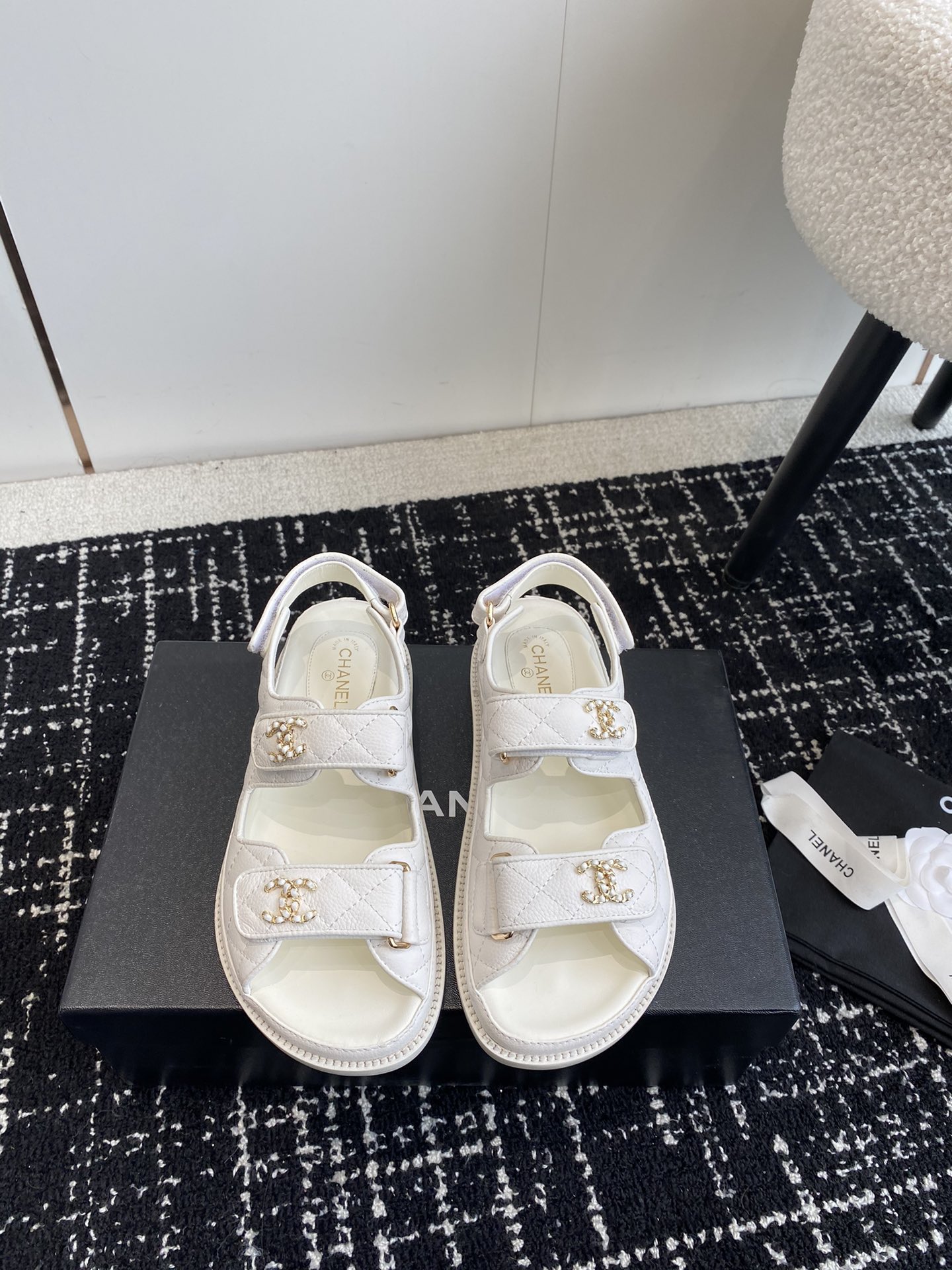 Chanel Women's White Leather CC Logo Hook and Loop Beach Sandals