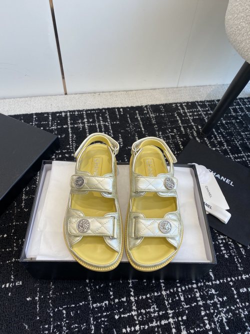 Chanel Women's Sandal Metallic Leather CC Logo Velcro Gold 1 Chanel Women's Sandal Metallic Leather CC Logo Velcro Gold