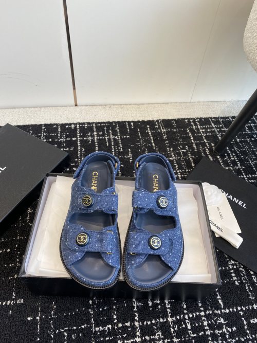 Chanel Women's Denim Velcro Strap Sandals with CC Logo - Summer Essential 1 Chanel Women's Denim Velcro Strap Sandals with CC Logo - Summer Essential