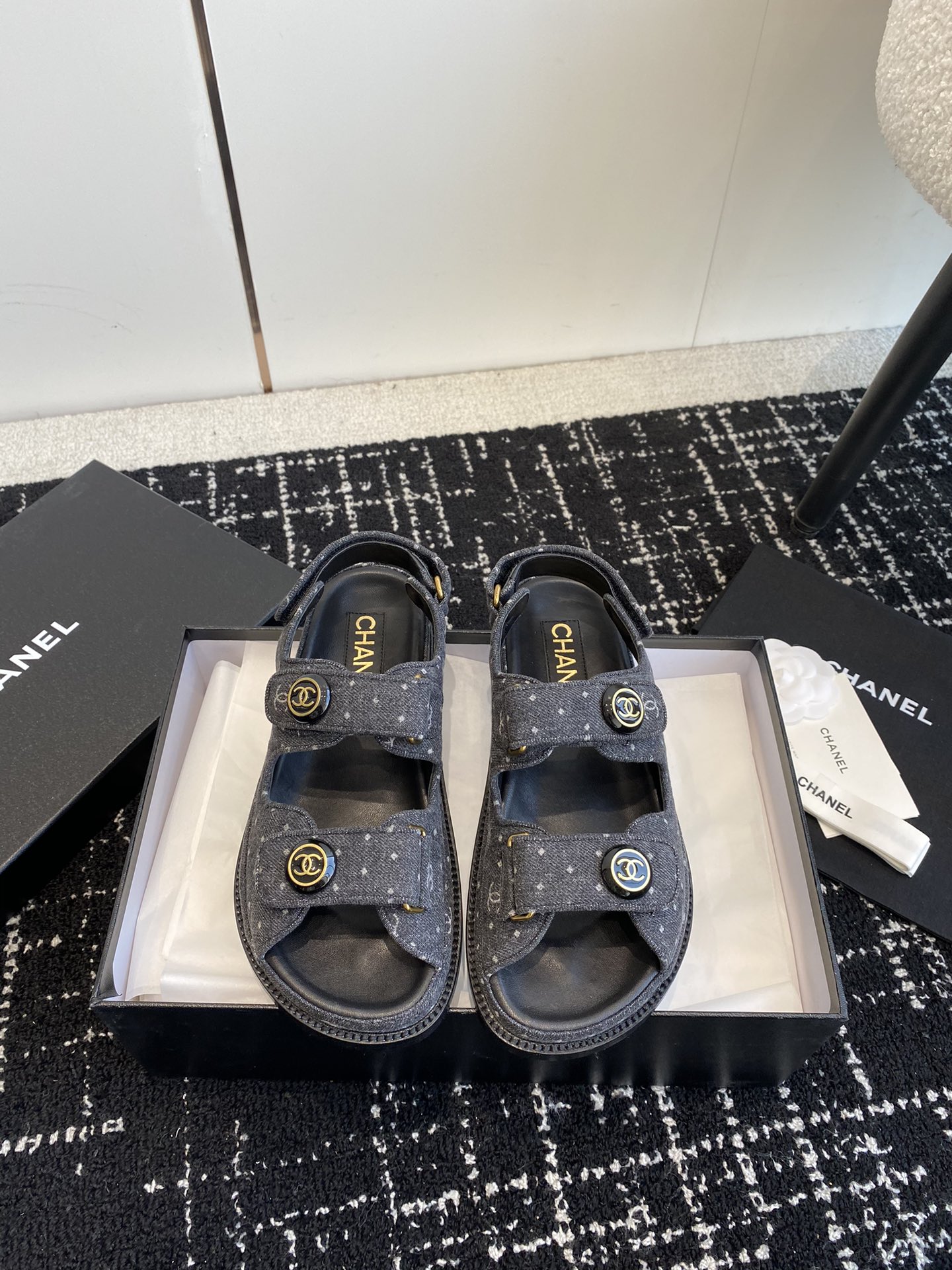 Chanel Beach Sandals with Velcro Straps and Iconic CC Logo Buckle, Denim