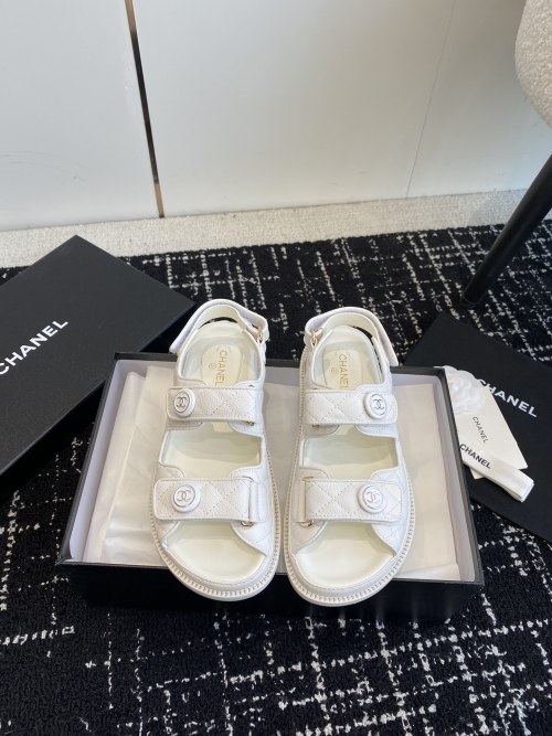Chanel Women's White Leather CC Logo Quilted Hook and Loop Sandals 1 Chanel Women's White Leather CC Logo Quilted Hook and Loop Sandals