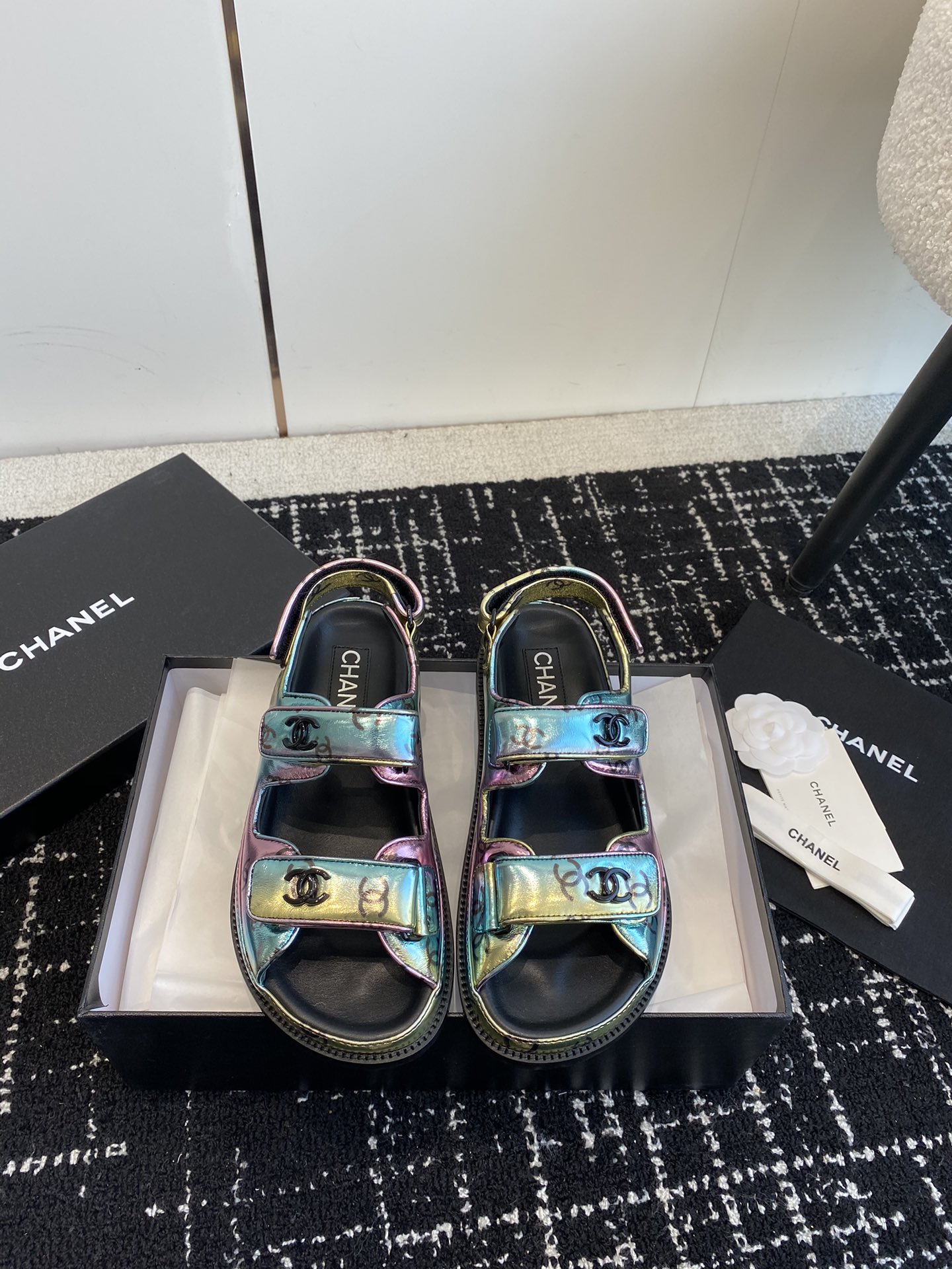 Chanel Iridescent Velcro Sandals, Lambskin & Leather, CC Logo, Trending 2023