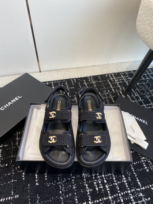 Chanel Women's Black CC Logo Velcro Strap Sandals Beach Shoes 1 Chanel Women's Black CC Logo Velcro Strap Sandals Beach Shoes