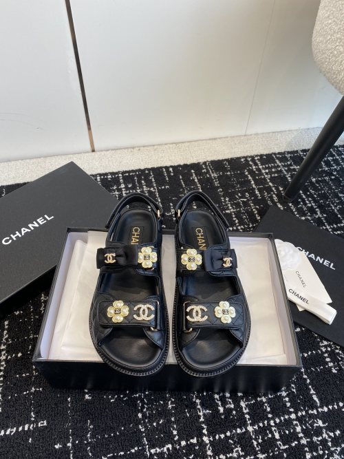 Chanel Women's Black Leather CC Logo Flower Embellished Velcro Sandals 1 Chanel Women's Black Leather CC Logo Flower Embellished Velcro Sandals