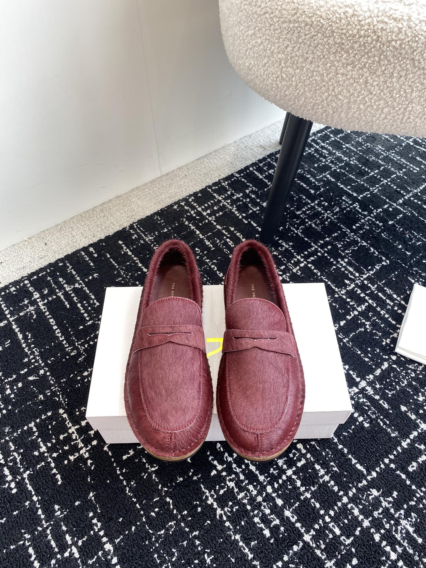 The Row Loafers Single Layer Shoes Red Cowhide Genuine Leather Horsehair Rubber