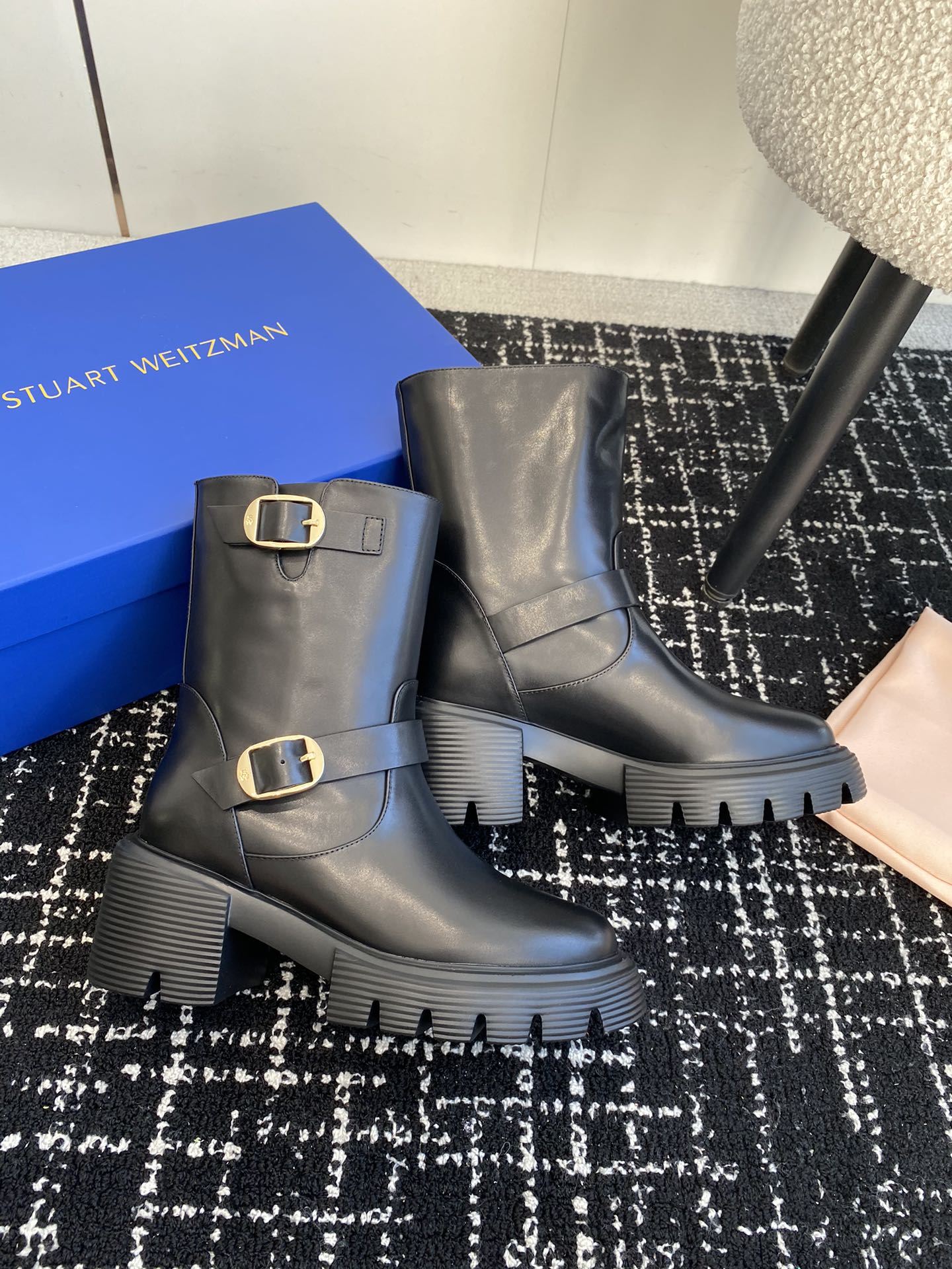 stuartweitzmanfw24newarrival杨紫大姐姐同款搭扣机车靴sw新款厚底马丁靴百搭实