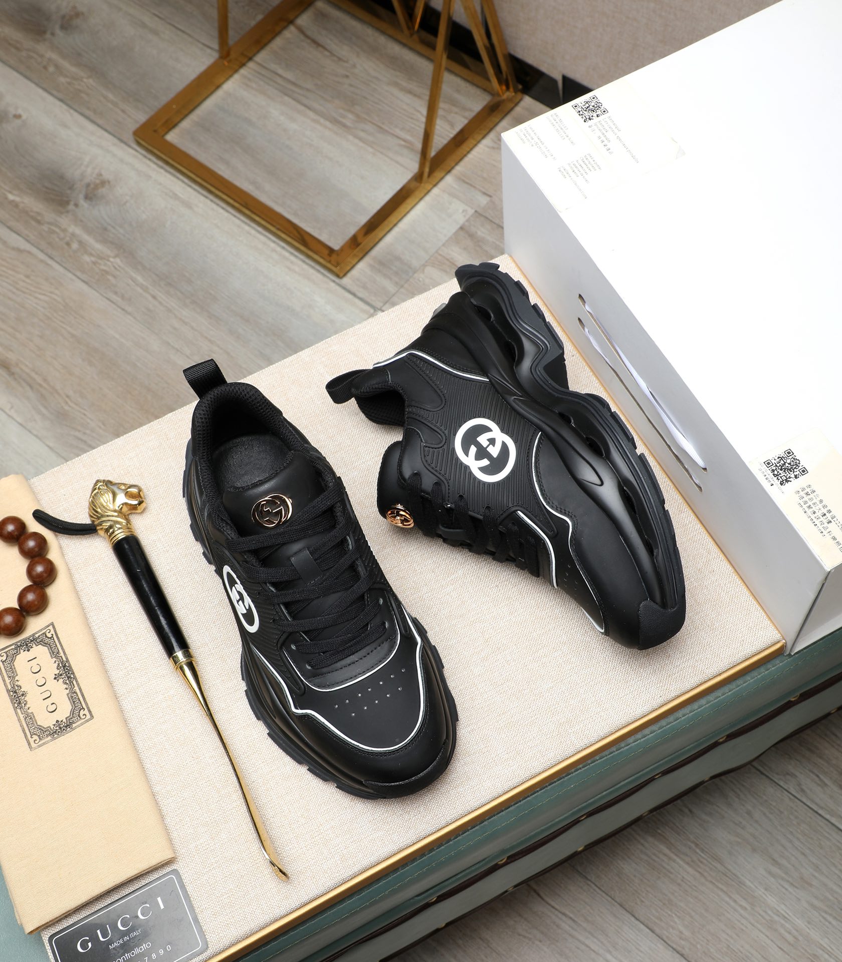 Gucci Men's Black Leather Chunky Sneakers, 2024 New Arrival, Size 38-44 4 i1710177479 5762 6