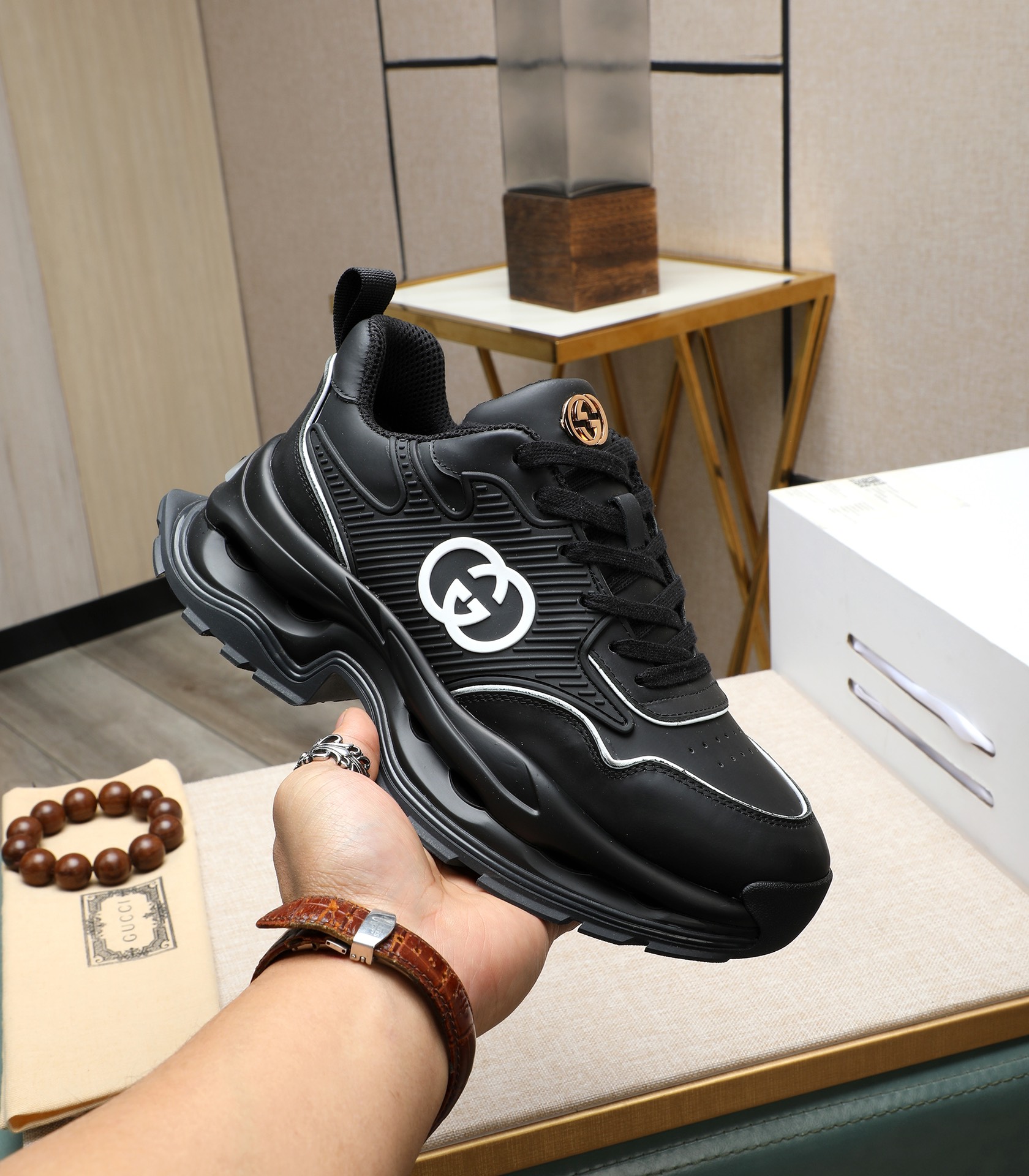 Gucci Men's Black Leather Chunky Sneakers, 2024 New Arrival, Size 38-44 1 Gucci Men's Black Leather Chunky Sneakers, 2024 New Arrival, Size 38-44