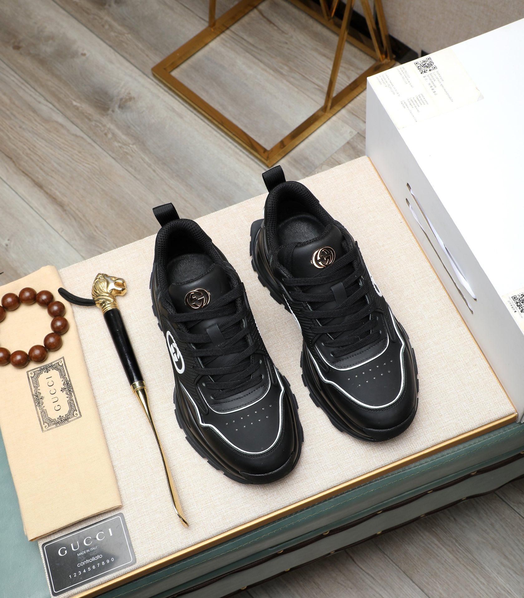 Gucci Men's Black Leather Chunky Sneakers, 2024 New Arrival, Size 38-44 3 i1710177479 7430 4