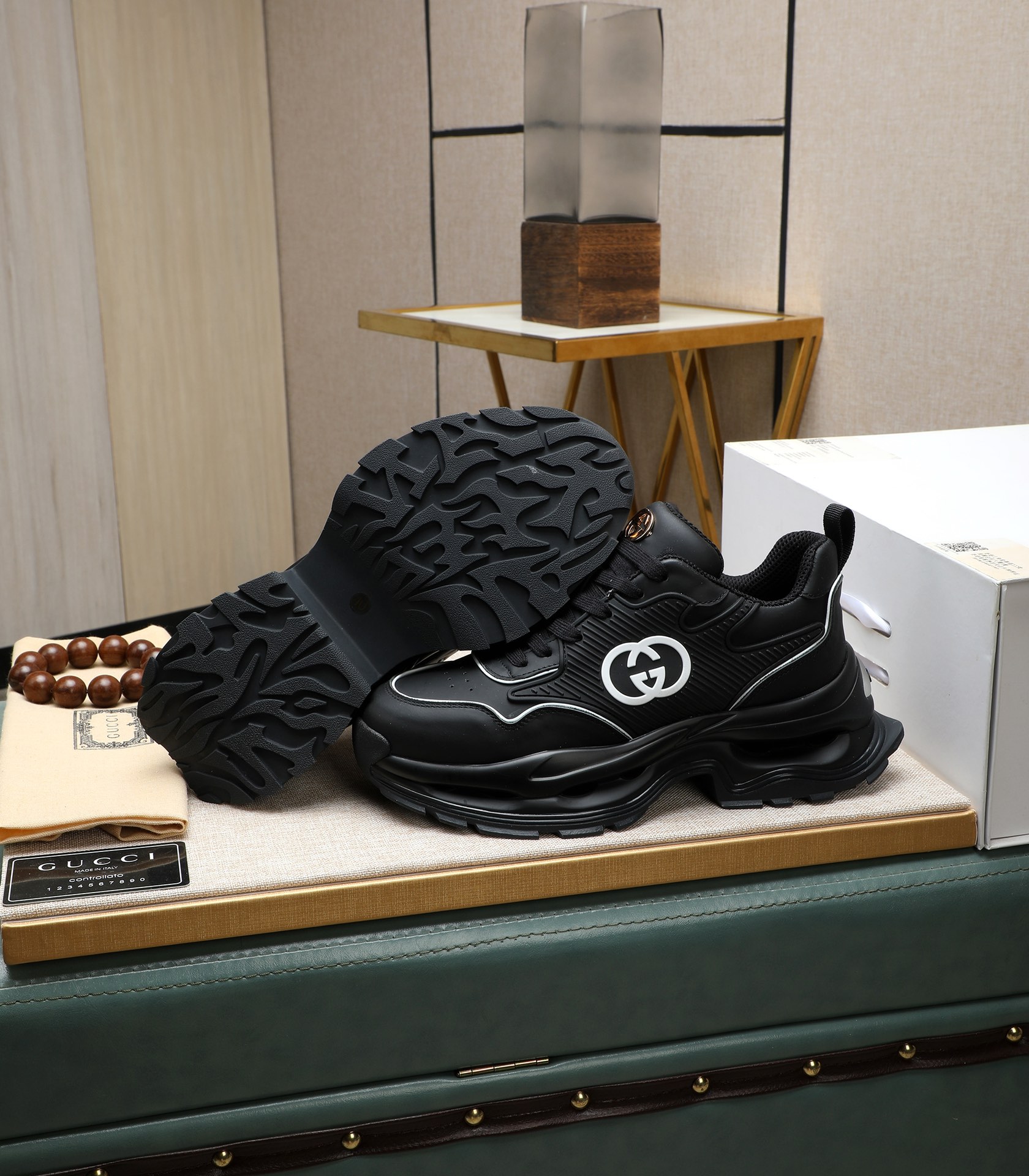 Gucci Men's Black Leather Chunky Sneakers, 2024 New Arrival, Size 38-44 6 i1710177479 7929 1