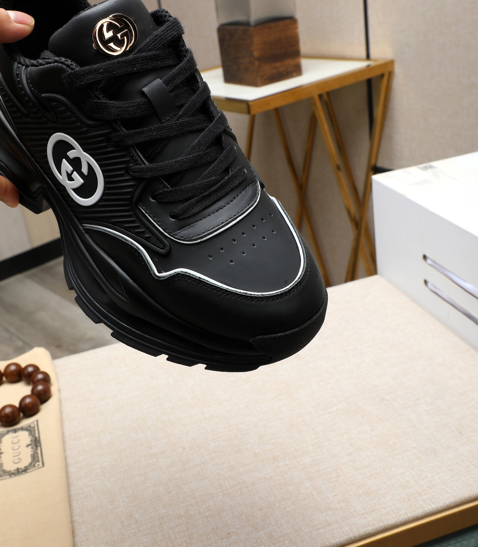 Gucci Men's Black Leather Chunky Sneakers, 2024 New Arrival, Size 38-44 8 i1710177479 8192 2