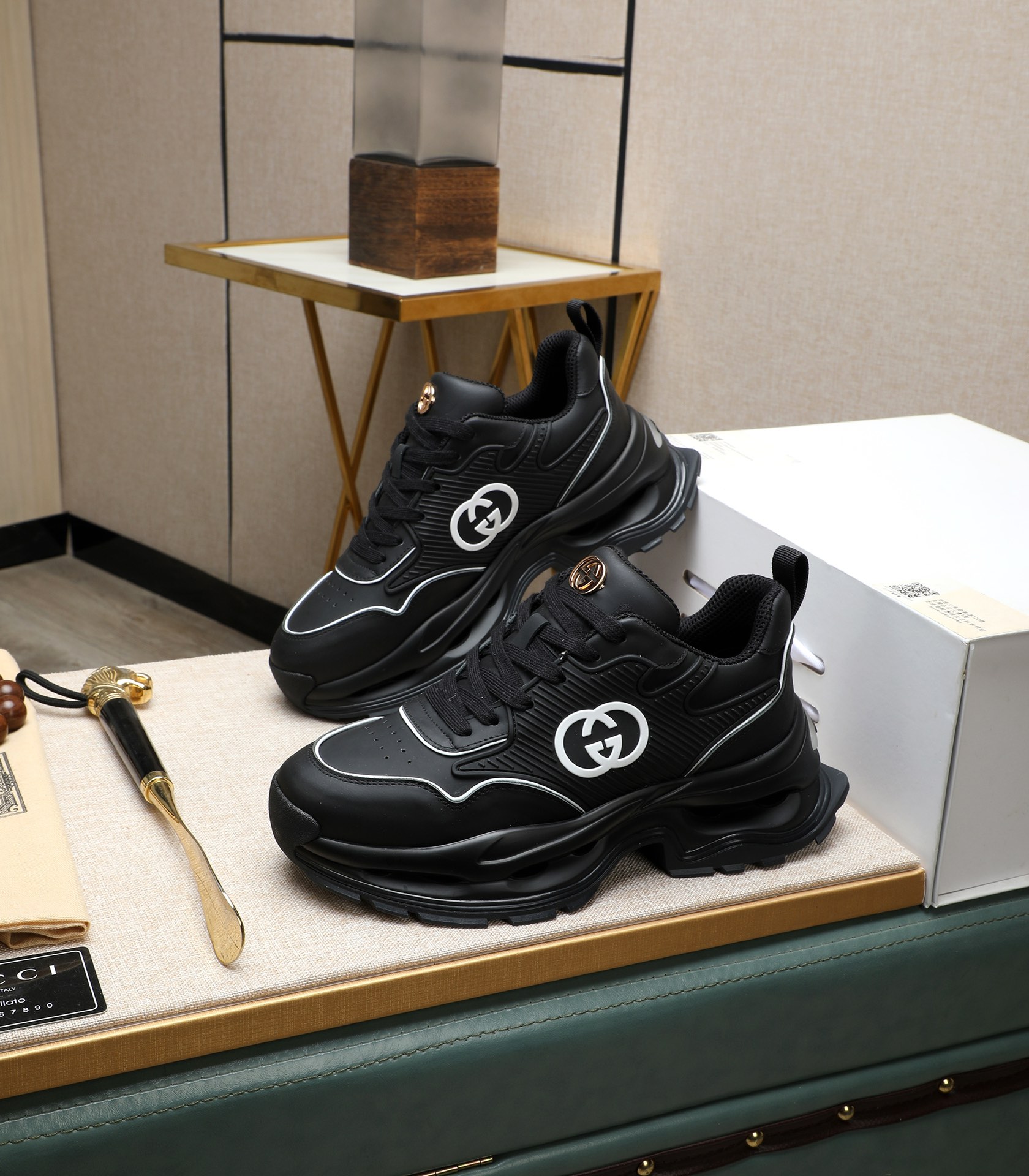 Gucci Men's Black Leather Chunky Sneakers, 2024 New Arrival, Size 38-44 5 i1710177479 8681 0