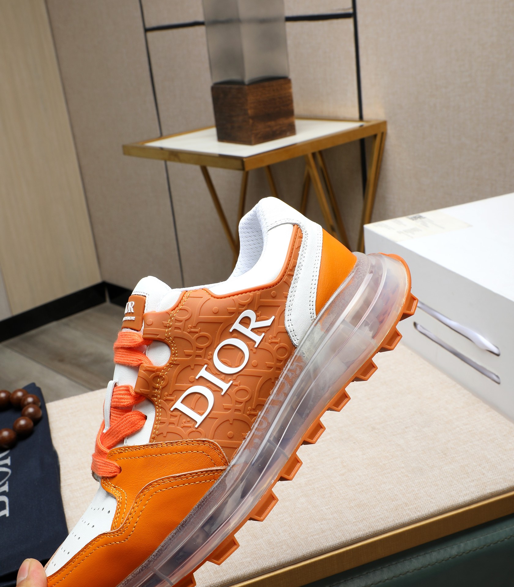 Dior Men's Orange Leather and Mesh Sneakers with Clear Sole 9 i1710177632 794 1