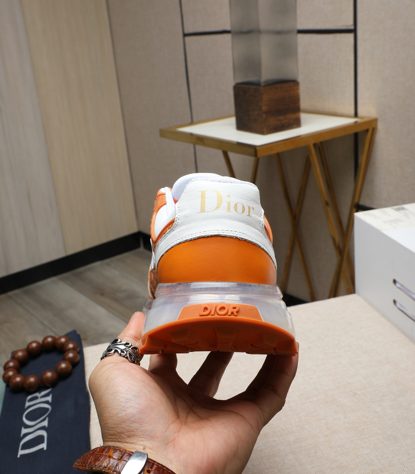 Dior Men's Orange Leather and Mesh Sneakers with Clear Sole 10 i1710177632 9454 0