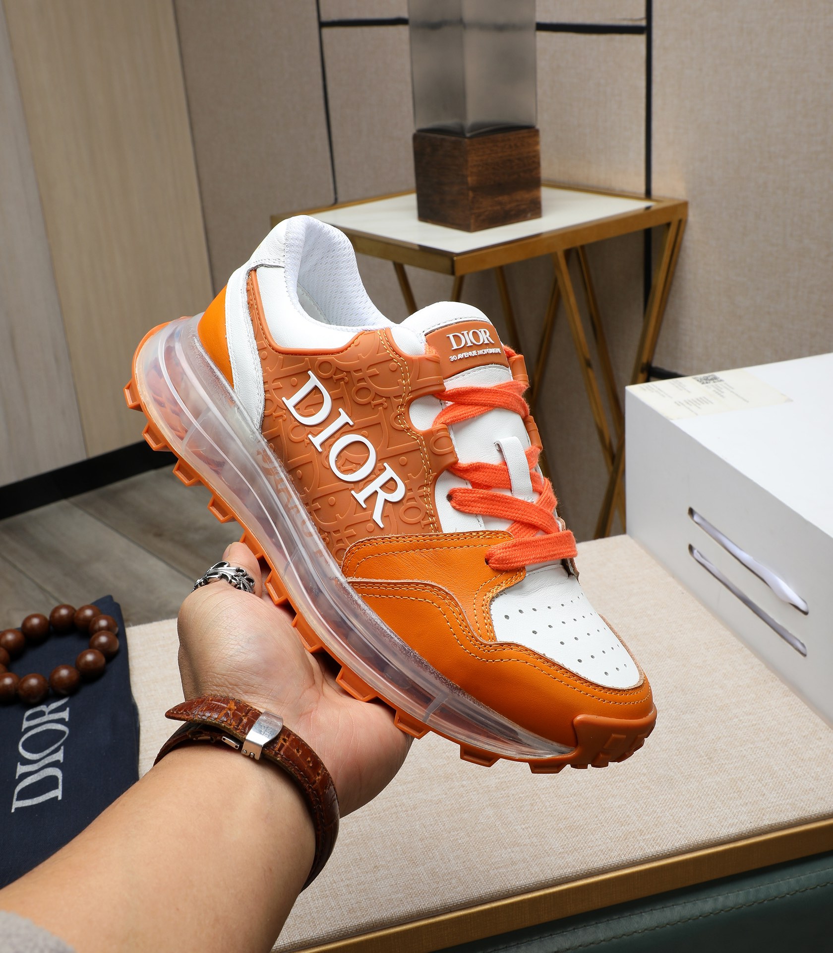 Dior Men's Orange Leather and Mesh Sneakers with Clear Sole 2 i1710177633 2523 8