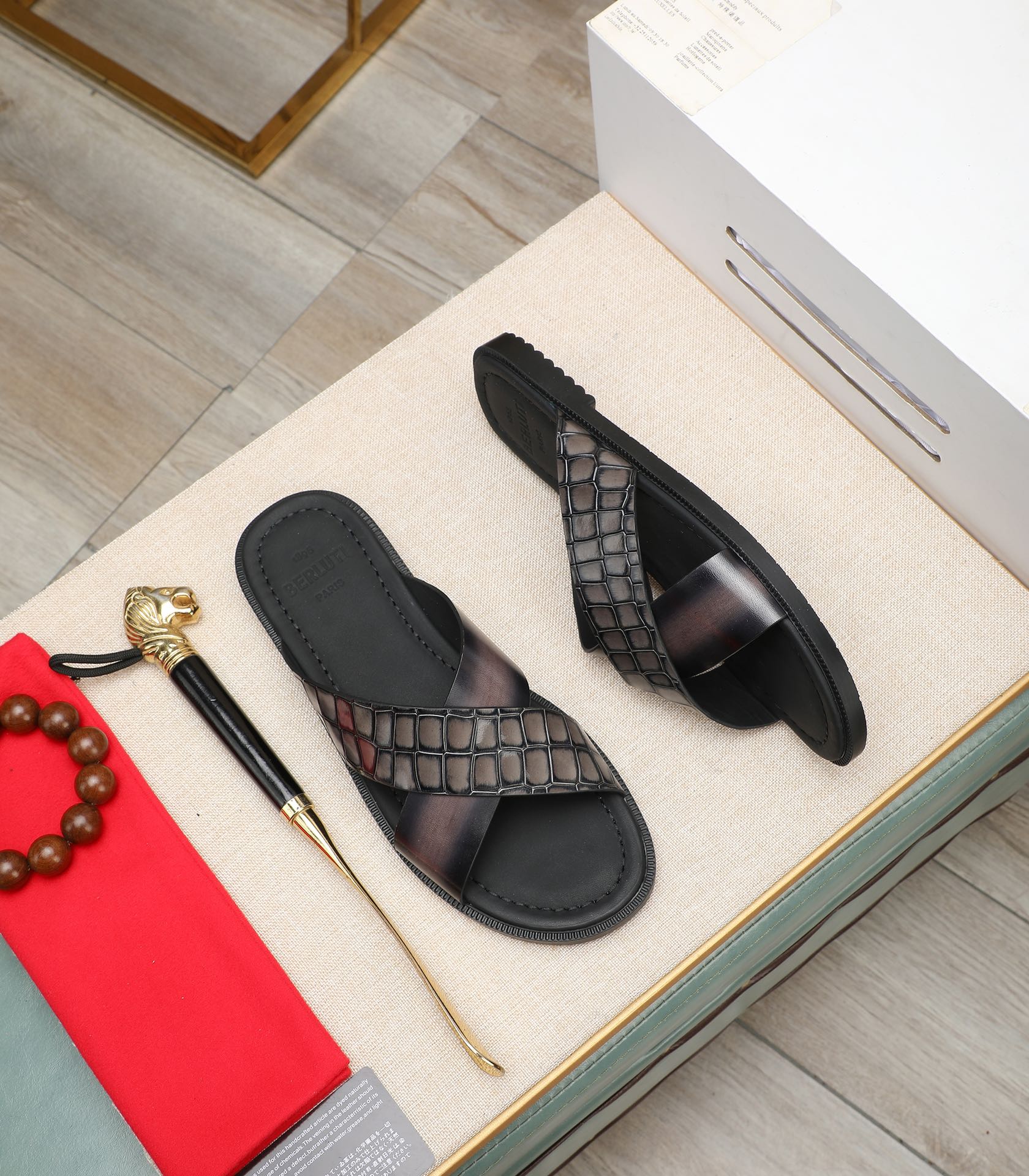 Berluti Leather Cross Strap Sandals Handmade Designer Slides For Men 6 i1713720002 4600 0
