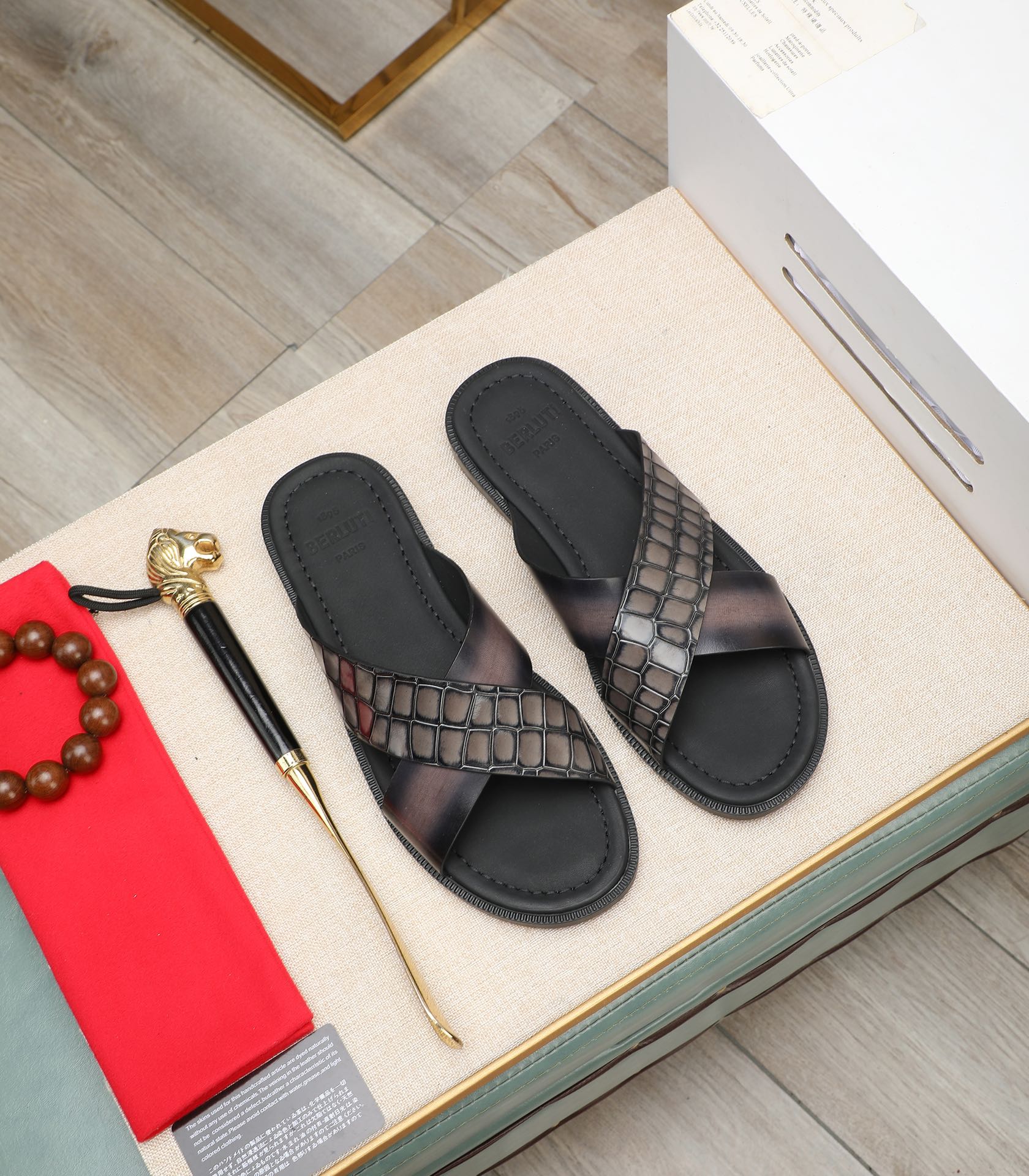 Berluti Leather Cross Strap Sandals Handmade Designer Slides For Men 3 i1713720002 5741 3