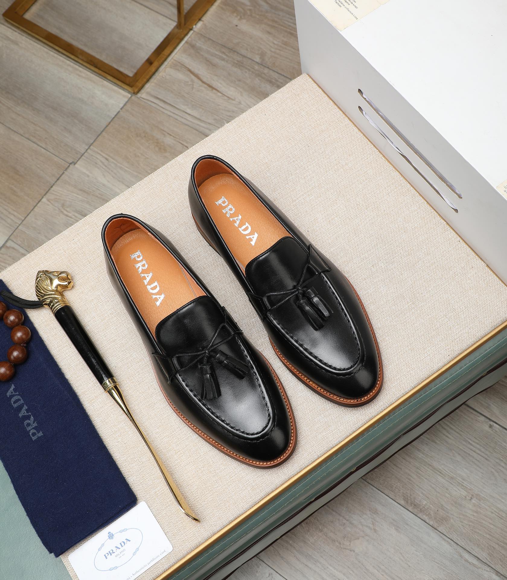 Prada Men's Black Leather Tassel Loafers - Italian Calfskin, Size 38-44 1 Prada Men's Black Leather Tassel Loafers - Italian Calfskin, Size 38-44