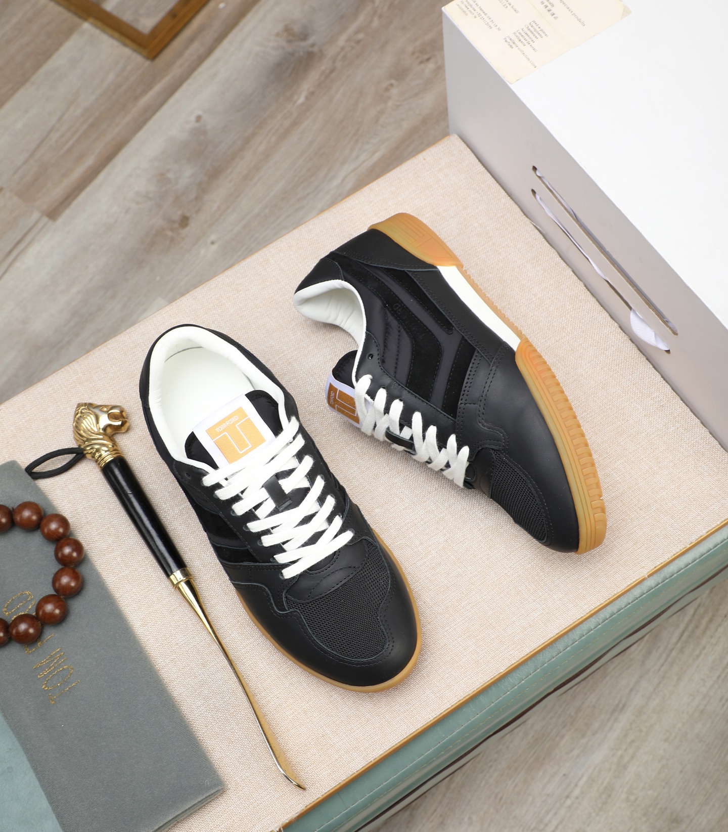 Tom Ford Men's Black Leather and Suede Sneakers with Gum Rubber Sole 3 i1739339908030 7045 0 1