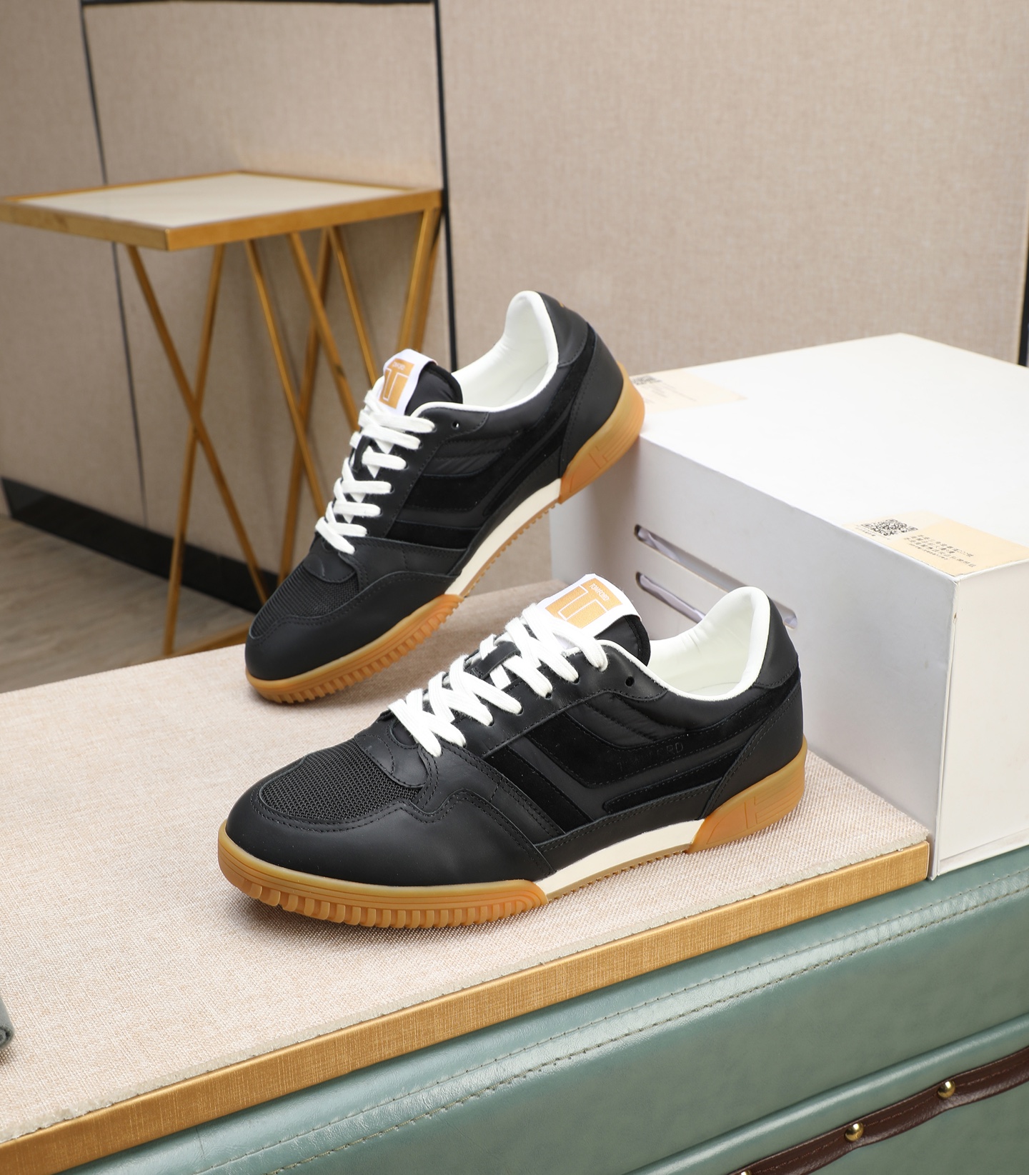 Tom Ford Men's Black Leather and Suede Sneakers with Gum Rubber Sole 1 Tom Ford Men's Black Leather and Suede Sneakers with Gum Rubber Sole