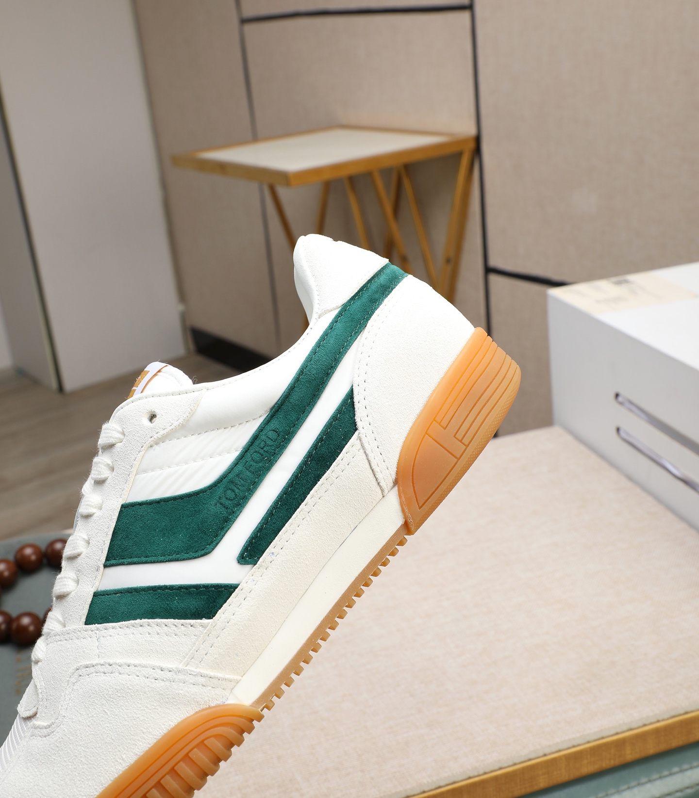 Tom Ford Men's White Leather Sneaker with Green Stripe Accents, Sizes 39-44 10 i1739340247489 6810 0 8