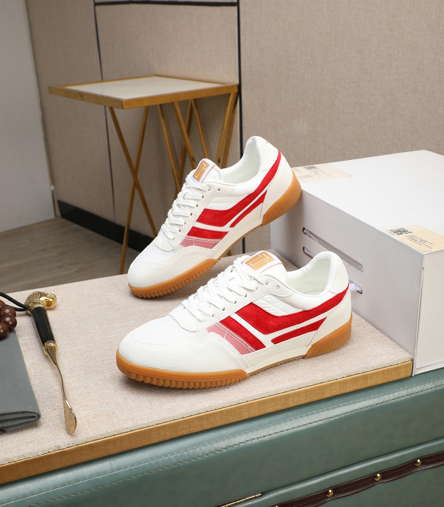 Tom Ford Men's White/Red Leather Sneakers Casual Athletic Shoes 1 Tom Ford Men's White/Red Leather Sneakers Casual Athletic Shoes