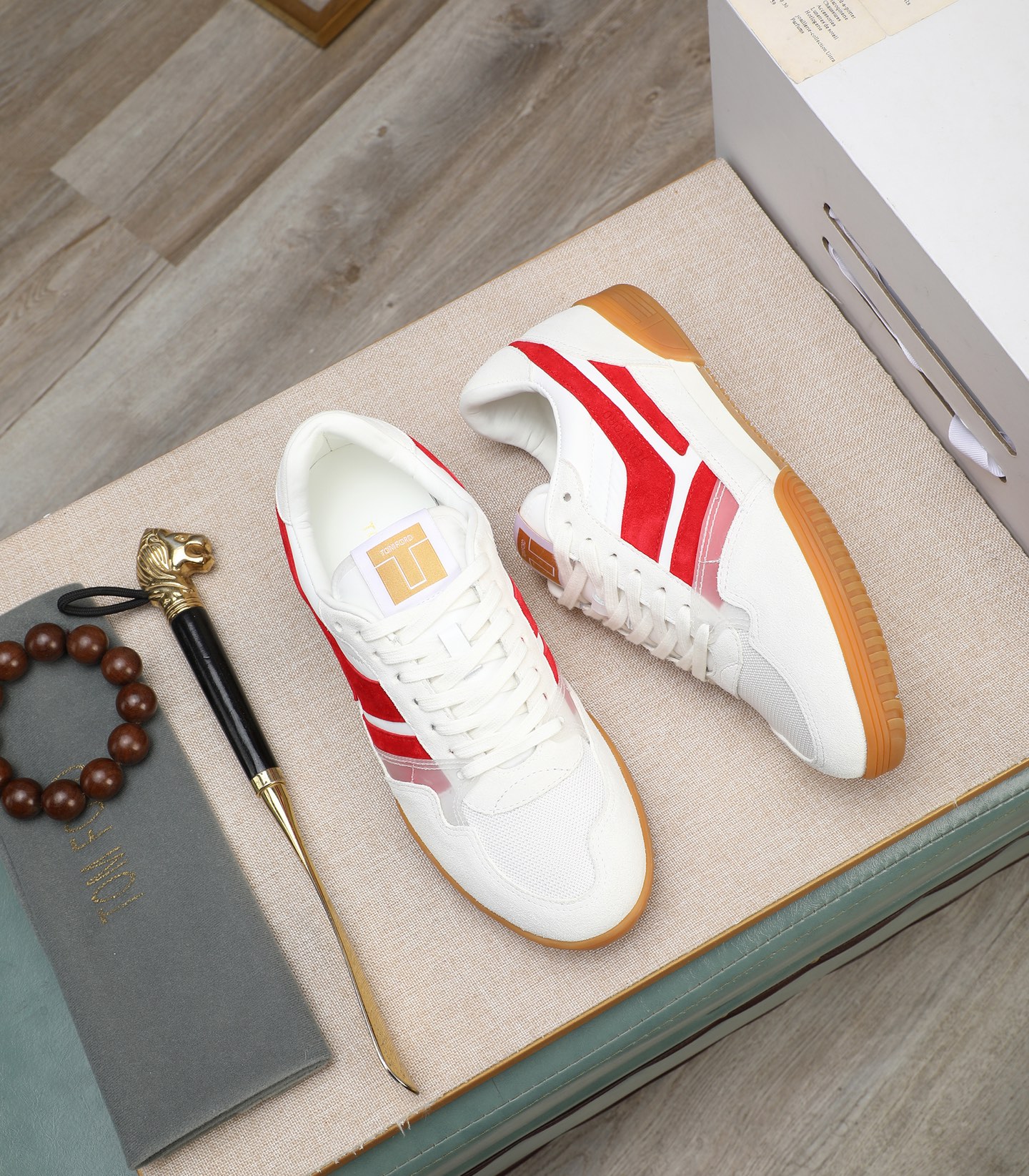 Tom Ford Men's White/Red Leather Sneakers Casual Athletic Shoes 4 i1739340259222 3143 0 2