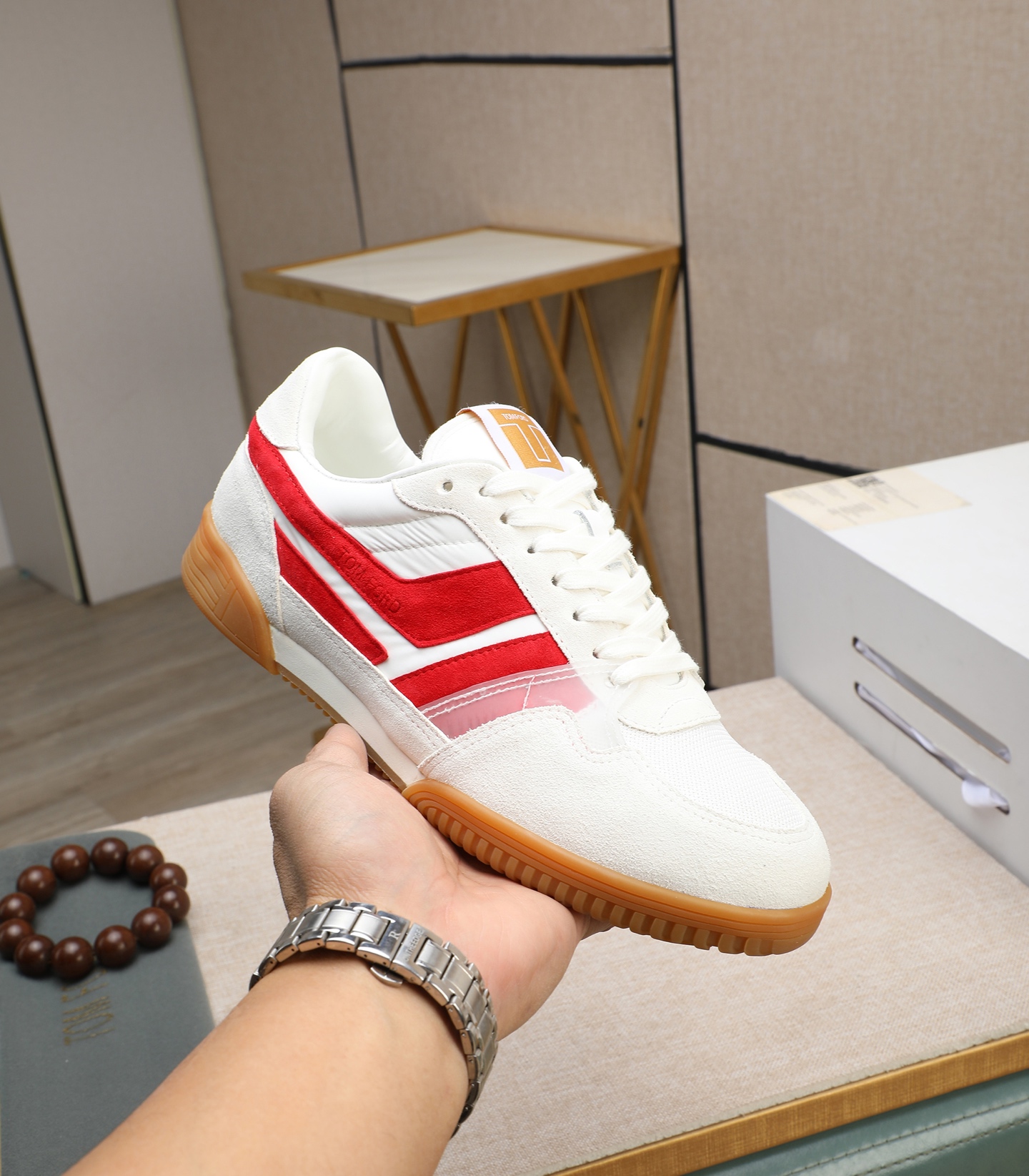 Tom Ford Men's White/Red Leather Sneakers Casual Athletic Shoes 6 i1739340259915 8029 0 4