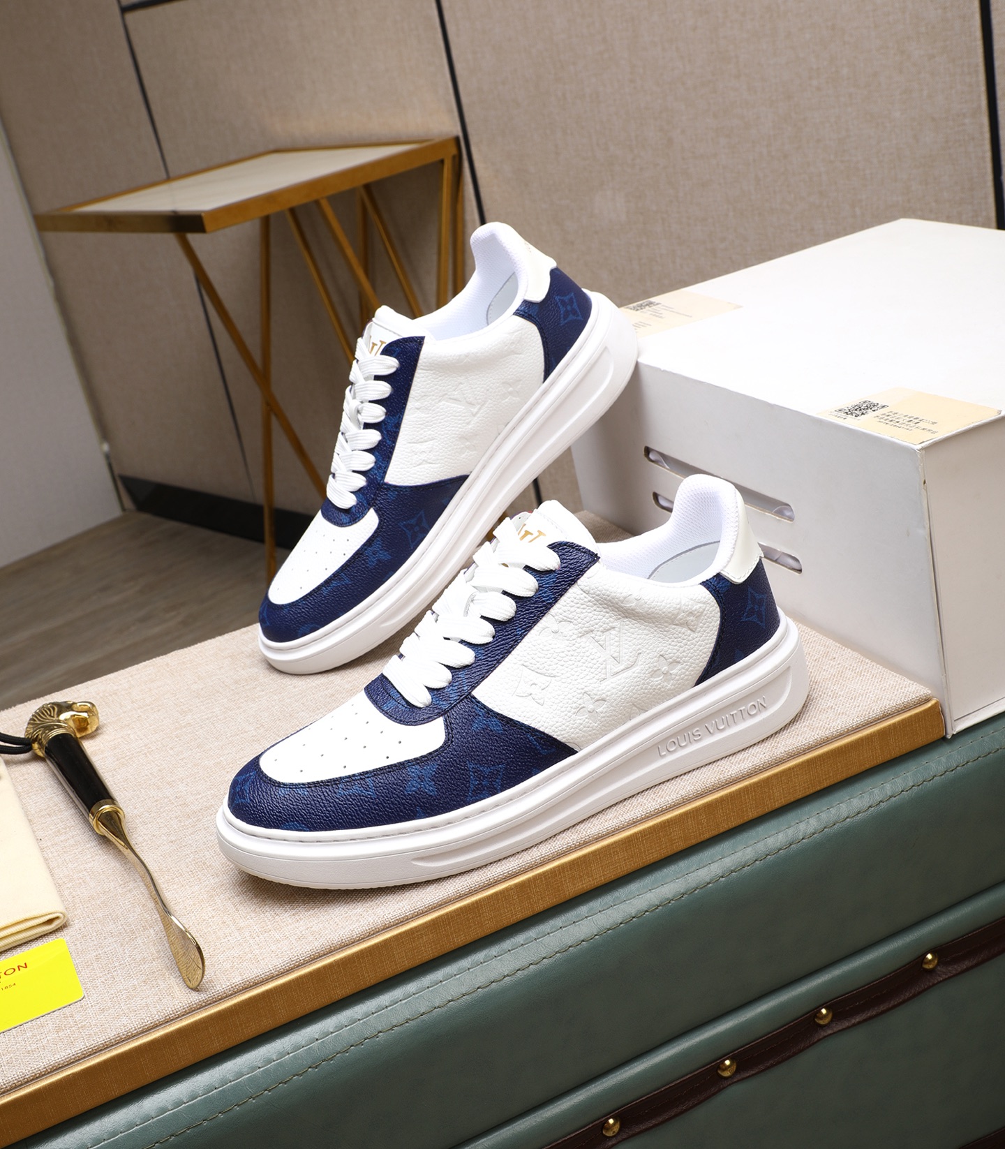 Louis Vuitton Men's White Leather and Blue Canvas Casual Sneakers